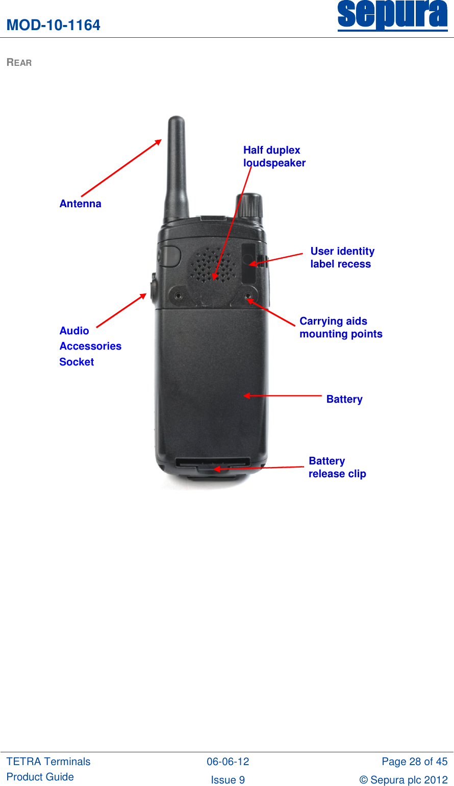 MOD-10-1164 sepura  TETRA Terminals Product Guide 06-06-12 Page 28 of 45 Issue 9 © Sepura plc 2012   REAR                  Half duplex  loudspeaker Antenna   User identity  label recess Carrying aids  mounting points Battery Battery  release clip Audio Accessories Socket 