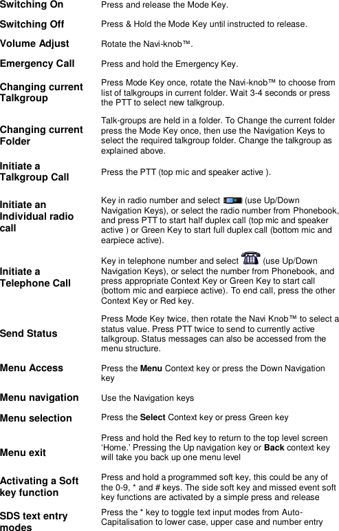  Switching On Press and release the Mode Key.   Switching Off Press &amp; Hold the Mode Key until instructed to release.   Volume Adjust Rotate the Navi-knob™.   Emergency Call Press and hold the Emergency Key.   Changing current  Talkgroup Press Mode Key once, rotate the Navi-knob™ to choose from list of talkgroups in current folder. Wait 3-4 seconds or press the PTT to select new talkgroup.   Changing current Folder Talk-groups are held in a folder. To Change the current folder press the Mode Key once, then use the Navigation Keys to select the required talkgroup folder. Change the talkgroup as explained above.   Initiate a Talkgroup Call Press the PTT (top mic and speaker active ).   Initiate an Individual radio call Key in radio number and select    (use Up/Down Navigation Keys), or select the radio number from Phonebook, and press PTT to start half duplex call (top mic and speaker active ) or Green Key to start full duplex call (bottom mic and earpiece active).   Initiate a Telephone Call Key in telephone number and select   (use Up/Down Navigation Keys), or select the number from Phonebook, and press appropriate Context Key or Green Key to start call (bottom mic and earpiece active). To end call, press the other Context Key or Red key.   Send Status Press Mode Key twice, then rotate the Navi Knob™ to select a status value. Press PTT twice to send to currently active talkgroup. Status messages can also be accessed from the menu structure. Menu Access  Press the Menu Context key or press the Down Navigation key Menu navigation  Use the Navigation keys  Menu selection Press the Select Context key or press Green key  Menu exit Press and hold the Red key to return to the top level screen ‘Home.’ Pressing the Up navigation key or Back context key will take you back up one menu level  Activating a Soft key function Press and hold a programmed soft key, this could be any of the 0-9, * and # keys. The side soft key and missed event soft key functions are activated by a simple press and release  SDS text entry modes  Press the * key to toggle text input modes from Auto-Capitalisation to lower case, upper case and number entry  