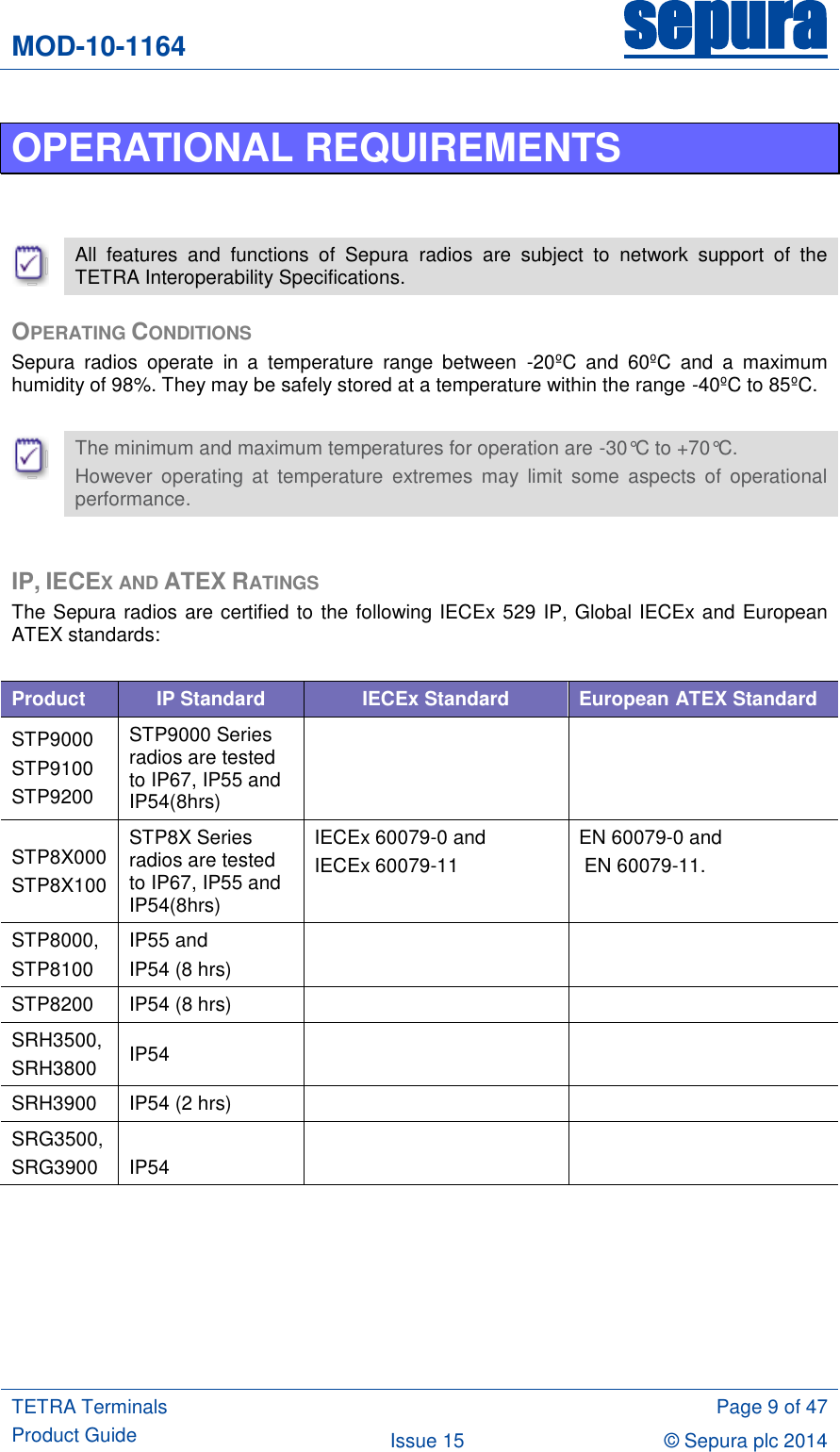 MOD-10-1164 sepura  TETRA Terminals Product Guide  Page 9 of 47 Issue 15 © Sepura plc 2014   OPERATIONAL REQUIREMENTS    All  features  and  functions  of  Sepura  radios  are  subject  to  network  support  of  the TETRA Interoperability Specifications. OPERATING CONDITIONS Sepura  radios  operate  in  a  temperature  range  between  -20ºC  and  60ºC  and  a  maximum humidity of 98%. They may be safely stored at a temperature within the range -40ºC to 85ºC.   The minimum and maximum temperatures for operation are -30°C to +70°C. However  operating  at  temperature  extremes  may  limit  some  aspects  of  operational performance.  IP, IECEX AND ATEX RATINGS The Sepura radios are certified to the following IECEx 529 IP, Global IECEx and European ATEX standards:  Product IP Standard IECEx Standard European ATEX Standard STP9000 STP9100 STP9200 STP9000 Series radios are tested to IP67, IP55 and IP54(8hrs)   STP8X000 STP8X100 STP8X Series radios are tested to IP67, IP55 and IP54(8hrs) IECEx 60079-0 and  IECEx 60079-11 EN 60079-0 and  EN 60079-11. STP8000,  STP8100 IP55 and IP54 (8 hrs)   STP8200 IP54 (8 hrs)   SRH3500, SRH3800 IP54   SRH3900 IP54 (2 hrs)   SRG3500,  SRG3900  IP54      