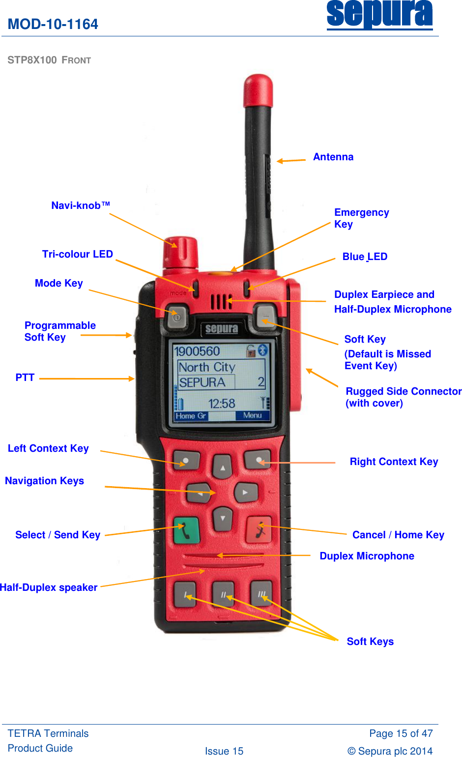 MOD-10-1164 sepura  TETRA Terminals Product Guide  Page 15 of 47 Issue 15 © Sepura plc 2014   STP8X100  FRONT                                       Emergency   Key  Navi-knob™  Mode Key PTT  Navigation Keys Select / Send Key Duplex Earpiece and  Half-Duplex Microphone    Cancel / Home Key   Half-Duplex speaker  Soft Keys Duplex Microphone - Blue LED Antenna Left Context Key Right Context Key Programmable Soft Key  Tri-colour LED Soft Key (Default is Missed Event Key) Rugged Side Connector (with cover)  