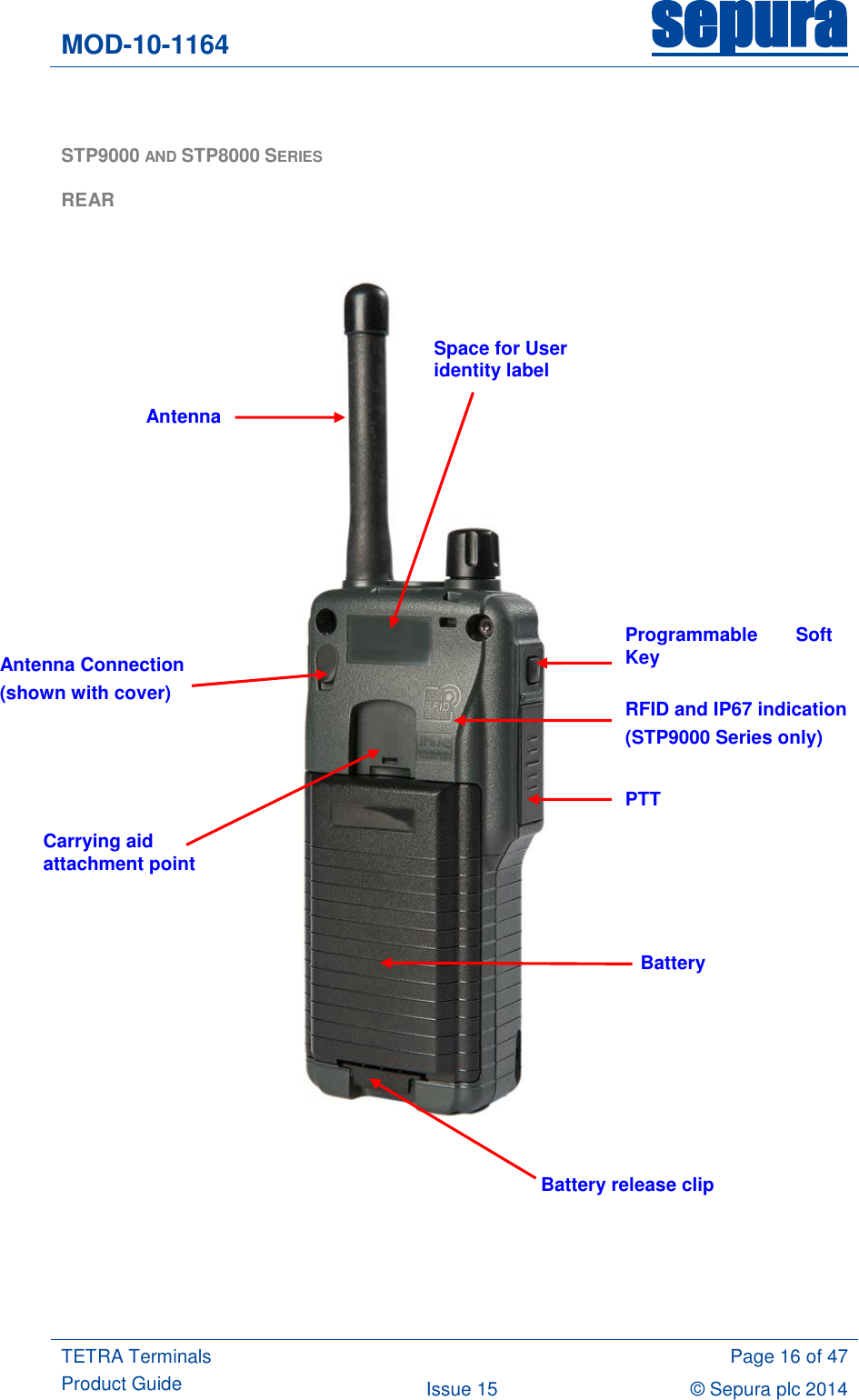 MOD-10-1164 sepura  TETRA Terminals Product Guide  Page 16 of 47 Issue 15 © Sepura plc 2014     STP9000 AND STP8000 SERIES  REAR   Space for User identity label Programmable  Soft Key PTT RFID and IP67 indication (STP9000 Series only) Battery release clip Battery Carrying aid attachment point Antenna Connection (shown with cover) Antenna 