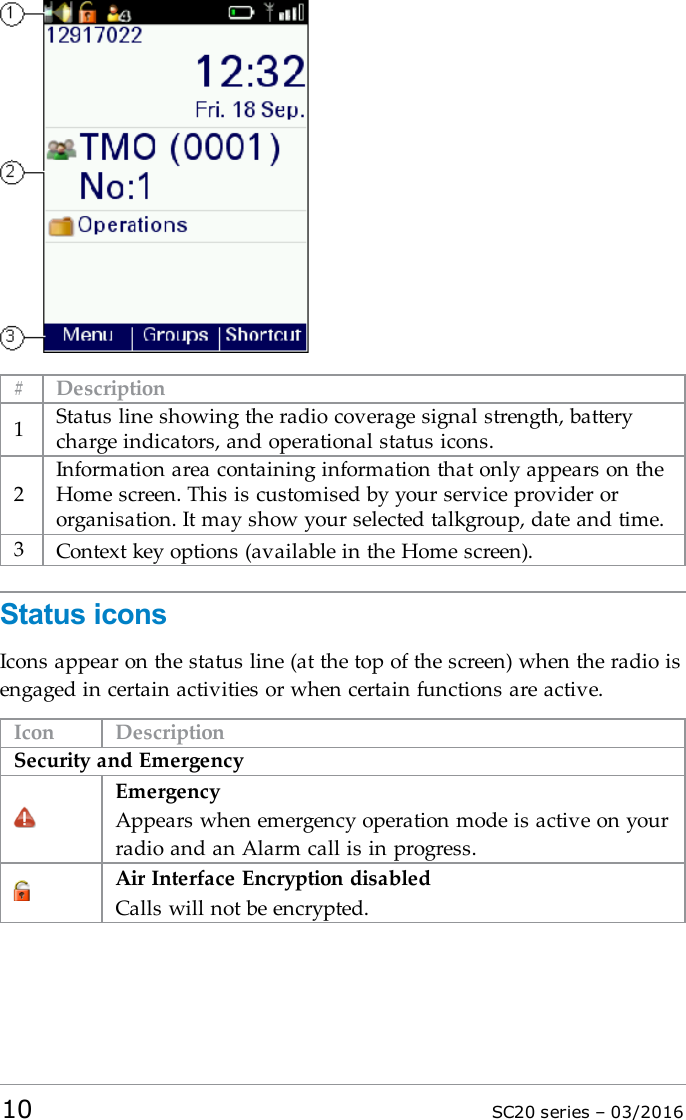 # Description1Status line showing the radio coverage signal strength, batterycharge indicators, and operational status icons.2Information area containing information that only appears on theHome screen. This is customised by your service provider ororganisation. It may show your selected talkgroup, date and time.3Context key options (available in the Home screen).Status iconsIcons appear on the status line (at the top of the screen) when the radio isengaged in certain activities or when certain functions are active.Icon DescriptionSecurity and EmergencyEmergencyAppears when emergency operation mode is active on yourradio and an Alarm call is in progress.Air Interface Encryption disabledCalls will not be encrypted.10 SC20 series – 03/2016