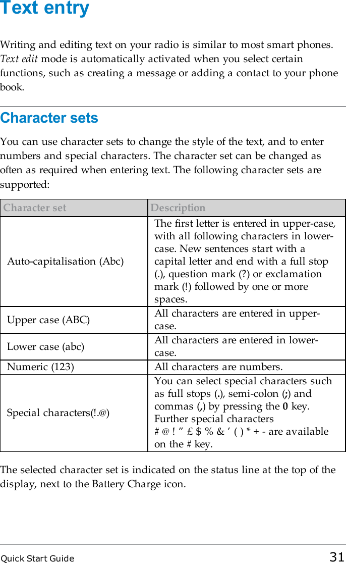 Quick Start Guide 31Text entryWriting and editing text on your radio is similar to most smart phones.Text edit mode is automatically activated when you select certainfunctions, such as creating a message or adding a contact to your phonebook.Character setsYou can use character sets to change the style of the text, and to enternumbers and special characters. The character set can be changed asoften as required when entering text. The following character sets aresupported:Character set DescriptionAuto-capitalisation (Abc)The first letter is entered in upper-case,with all following characters in lower-case. New sentences start with acapital letter and end with a full stop(.), question mark (?) or exclamationmark (!) followed by one or morespaces.Upper case (ABC) All characters are entered in upper-case.Lower case (abc) All characters are entered in lower-case.Numeric (123) All characters are numbers.Special characters(!.@)You can select special characters suchas full stops (.), semi-colon (;) andcommas (,) by pressing the 0key.Further special characters#@!”£$%&amp;’()*+- are availableon the #key.The selected character set is indicated on the status line at the top of thedisplay, next to the Battery Charge icon.