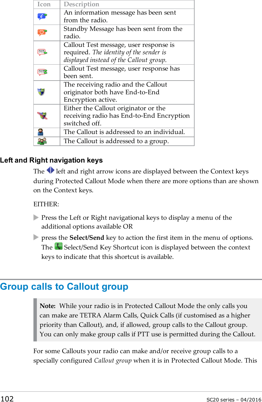 Icon DescriptionAn information message has been sentfrom the radio.Standby Message has been sent from theradio.Callout Test message, user response isrequired. The identity of the sender isdisplayed instead of the Callout group.Callout Test message, user response hasbeen sent.The receiving radio and the Calloutoriginator both have End-to-EndEncryption active.Either the Callout originator or thereceiving radio has End-to-End Encryptionswitched off.The Callout is addressed to an individual.The Callout is addressed to a group.Left and Right navigation keysThe left and right arrow icons are displayed between the Context keysduring Protected Callout Mode when there are more options than are shownon the Context keys.EITHER:Press the Left or Right navigational keys to display a menu of theadditional options available ORpress the Select/Send key to action the first item in the menu of options.The Select/Send Key Shortcut icon is displayed between the contextkeys to indicate that this shortcut is available.Group calls to Callout groupNote: While your radio is in Protected Callout Mode the only calls youcan make are TETRA Alarm Calls, Quick Calls (if customised as a higherpriority than Callout), and, if allowed, group calls to the Callout group.You can only make group calls if PTT use is permitted during the Callout.For some Callouts your radio can make and/or receive group calls to aspecially configured Callout group when it is in Protected Callout Mode. This102 SC20 series – 04/2016