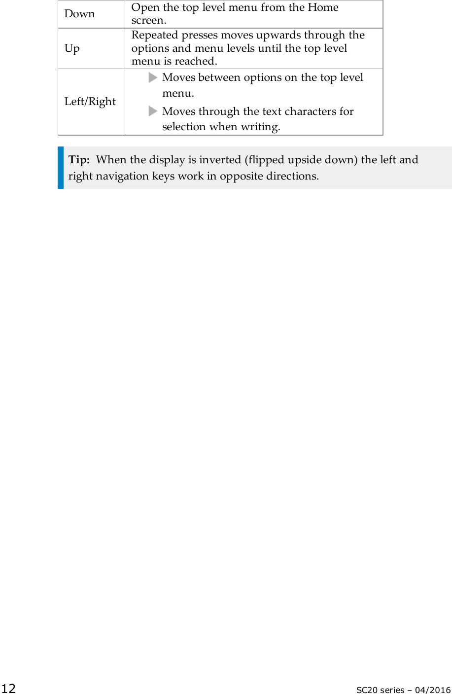 Down Open the top level menu from the Homescreen.UpRepeated presses moves upwards through theoptions and menu levels until the top levelmenu is reached.Left/RightMoves between options on the top levelmenu.Moves through the text characters forselection when writing.Tip: When the display is inverted (flipped upside down) the left andright navigation keys work in opposite directions.12 SC20 series – 04/2016