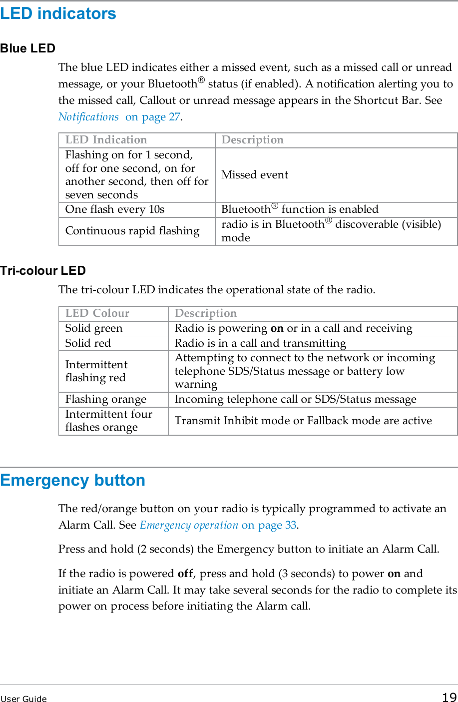 LED indicatorsBlue LEDThe blue LED indicates either a missed event, such as a missed call or unreadmessage, or your Bluetooth®status (if enabled). A notification alerting you tothe missed call, Callout or unread message appears in the Shortcut Bar. SeeNotifications on page 27.LED Indication DescriptionFlashing on for 1 second,off for one second, on foranother second, then off forseven secondsMissed eventOne flash every 10s Bluetooth®function is enabledContinuous rapid flashing radio is in Bluetooth®discoverable (visible)modeTri-colour LEDThe tri-colour LED indicates the operational state of the radio.LED Colour DescriptionSolid green Radio is powering on or in a call and receivingSolid red Radio is in a call and transmittingIntermittentflashing redAttempting to connect to the network or incomingtelephone SDS/Status message or battery lowwarningFlashing orange Incoming telephone call or SDS/Status messageIntermittent fourflashes orange Transmit Inhibit mode or Fallback mode are activeEmergency buttonThe red/orange button on your radio is typically programmed to activate anAlarm Call. See Emergency operation on page 33.Press and hold (2 seconds) the Emergency button to initiate an Alarm Call.If the radio is powered off, press and hold (3 seconds) to power on andinitiate an Alarm Call. It may take several seconds for the radio to complete itspower on process before initiating the Alarm call.User Guide 19