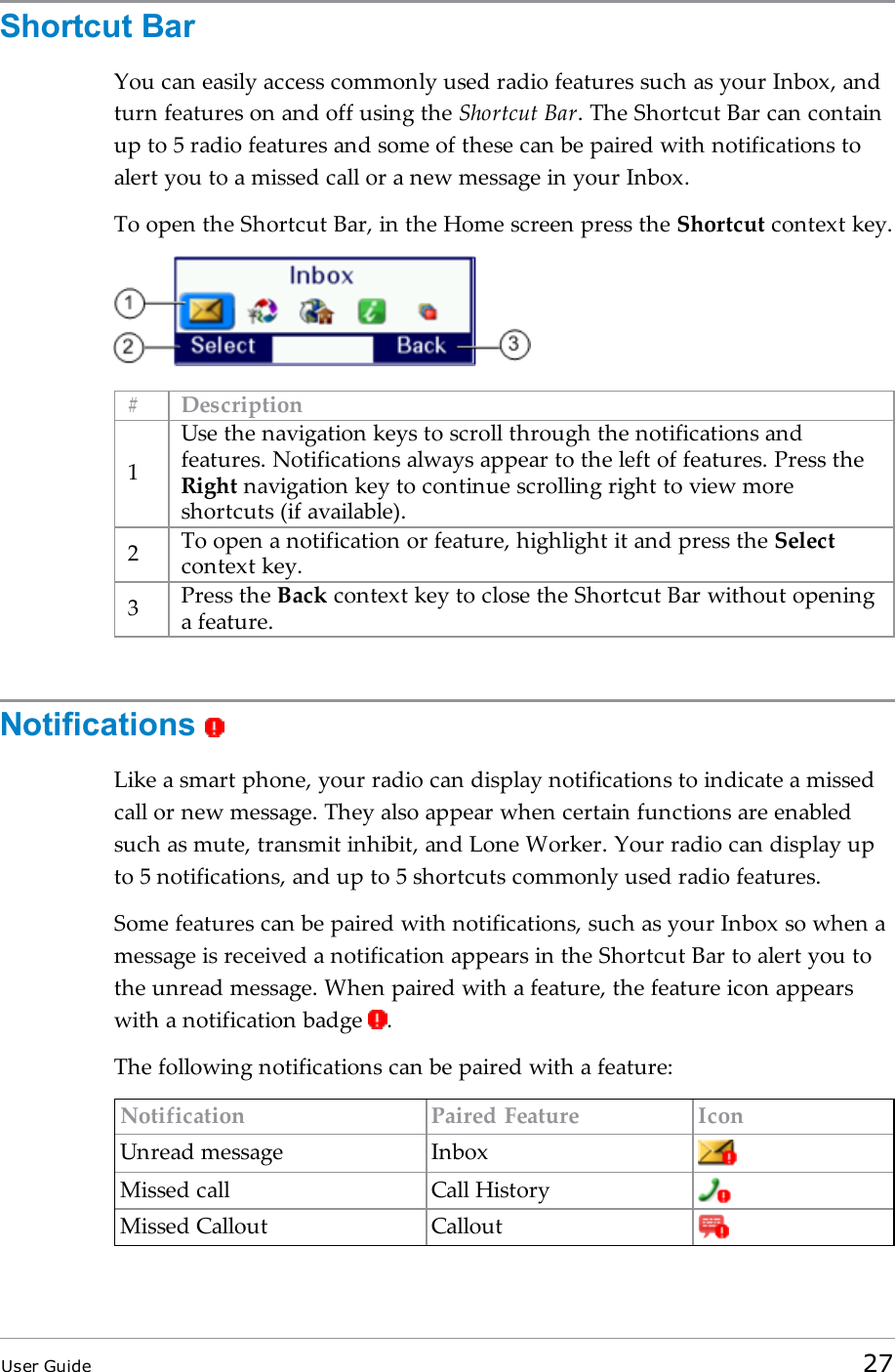 Shortcut BarYou can easily access commonly used radio features such as your Inbox, andturn features on and off using the Shortcut Bar. The Shortcut Bar can containup to 5 radio features and some of these can be paired with notifications toalert you to a missed call or a new message in your Inbox.To open the Shortcut Bar, in the Home screen press the Shortcut context key.# Description1Use the navigation keys to scroll through the notifications andfeatures. Notifications always appear to the left of features. Press theRight navigation key to continue scrolling right to view moreshortcuts (if available).2To open a notification or feature, highlight it and press the Selectcontext key.3Press the Back context key to close the Shortcut Bar without openinga feature.NotificationsLike a smart phone, your radio can display notifications to indicate a missedcall or new message. They also appear when certain functions are enabledsuch as mute, transmit inhibit, and Lone Worker. Your radio can display upto 5 notifications, and up to 5 shortcuts commonly used radio features.Some features can be paired with notifications, such as your Inbox so when amessage is received a notification appears in the Shortcut Bar to alert you tothe unread message. When paired with a feature, the feature icon appearswith a notification badge .The following notifications can be paired with a feature:Notification Paired Feature IconUnread message InboxMissed call Call HistoryMissed Callout CalloutUser Guide 27