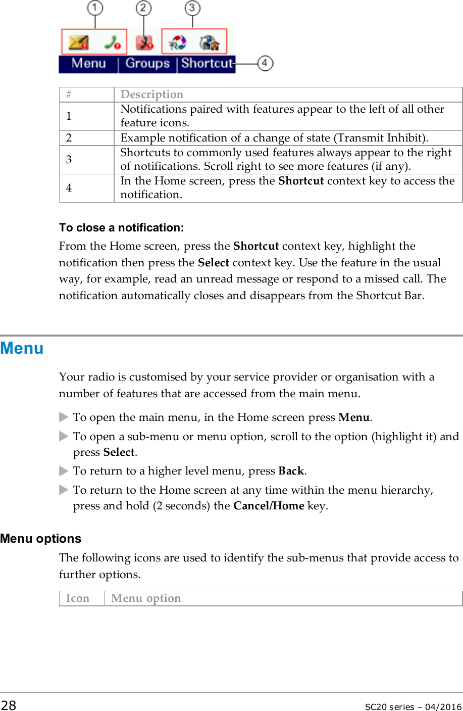 # Description1Notifications paired with features appear to the left of all otherfeature icons.2 Example notification of a change of state (Transmit Inhibit).3Shortcuts to commonly used features always appear to the rightof notifications. Scroll right to see more features (if any).4In the Home screen, press the Shortcut context key to access thenotification.To close a notification:From the Home screen, press the Shortcut context key, highlight thenotification then press the Select context key. Use the feature in the usualway, for example, read an unread message or respond to a missed call. Thenotification automatically closes and disappears from the Shortcut Bar.MenuYour radio is customised by your service provider or organisation with anumber of features that are accessed from the main menu.To open the main menu, in the Home screen press Menu.To open a sub-menu or menu option, scroll to the option (highlight it) andpress Select.To return to a higher level menu, press Back.To return to the Home screen at any time within the menu hierarchy,press and hold (2 seconds) the Cancel/Home key.Menu optionsThe following icons are used to identify the sub-menus that provide access tofurther options.Icon Menu option28 SC20 series – 04/2016