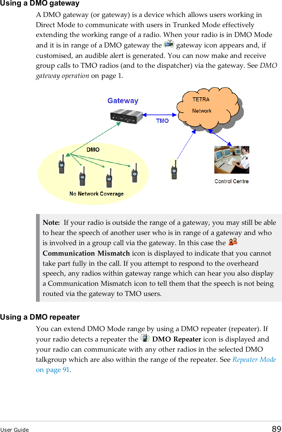 Using a DMO gatewayA DMO gateway (or gateway) is a device which allows users working inDirect Mode to communicate with users in Trunked Mode effectivelyextending the working range of a radio. When your radio is in DMO Modeand it is in range of a DMO gateway the gateway icon appears and, ifcustomised, an audible alert is generated. You can now make and receivegroup calls to TMO radios (and to the dispatcher) via the gateway. See DMOgateway operation on page 1.Note: If your radio is outside the range of a gateway, you may still be ableto hear the speech of another user who is in range of a gateway and whois involved in a group call via the gateway. In this case theCommunication Mismatch icon is displayed to indicate that you cannottake part fully in the call. If you attempt to respond to the overheardspeech, any radios within gateway range which can hear you also displaya Communication Mismatch icon to tell them that the speech is not beingrouted via the gateway to TMO users.Using a DMO repeaterYou can extend DMO Mode range by using a DMO repeater (repeater). Ifyour radio detects a repeater the DMO Repeater icon is displayed andyour radio can communicate with any other radios in the selected DMOtalkgroup which are also within the range of the repeater. See Repeater Modeon page 91.User Guide 89