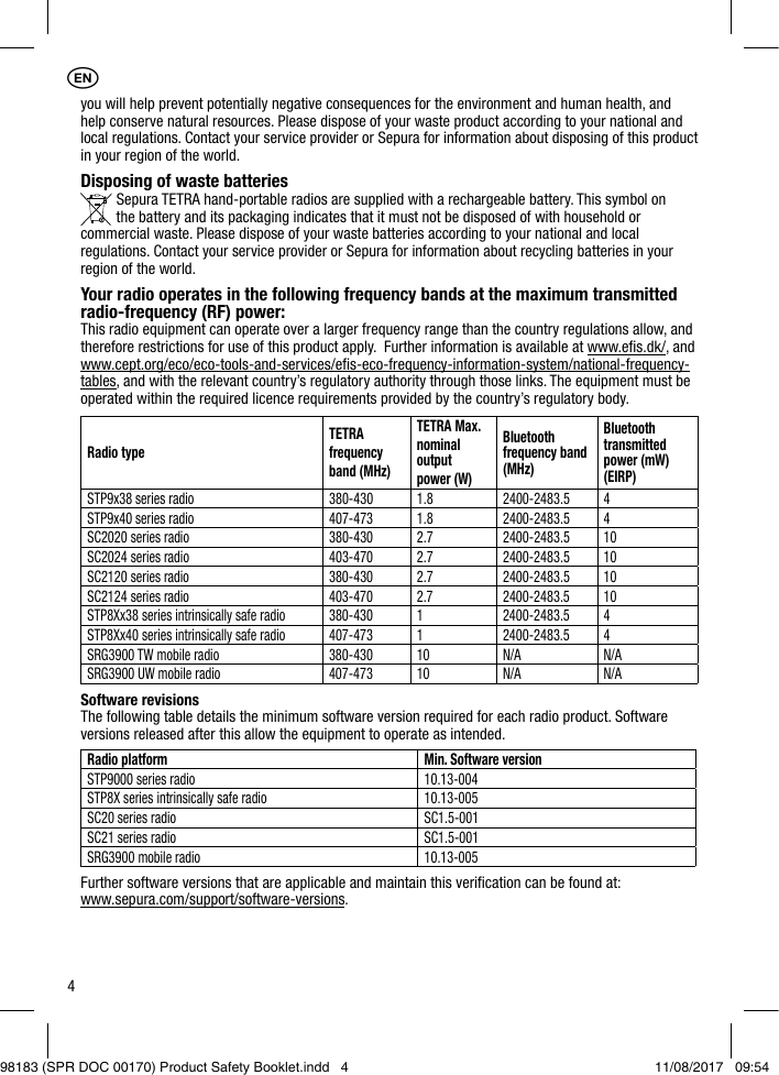 4you will help prevent potentially negative consequences for the environment and human health, and help conserve natural resources. Please dispose of your waste product according to your national and local regulations. Contact your service provider or Sepura for information about disposing of this product in your region of the world.Disposing of waste batteries  Sepura TETRA hand-portable radios are supplied with a rechargeable battery. This symbol on    the battery and its packaging indicates that it must not be disposed of with household or commercial waste. Please dispose of your waste batteries according to your national and local regulations. Contact your service provider or Sepura for information about recycling batteries in your region of the world.Your radio operates in the following frequency bands at the maximum transmitted radio-frequency (RF) power:This radio equipment can operate over a larger frequency range than the country regulations allow, and therefore restrictions for use of this product apply.  Further information is available at www.eﬁs.dk/, and www.cept.org/eco/eco-tools-and-services/eﬁs-eco-frequency-information-system/national-frequency-tables, and with the relevant country’s regulatory authority through those links. The equipment must be operated within the required licence requirements provided by the country’s regulatory body.Radio typeTETRAfrequencyband (MHz)TETRA Max. nominal output power (W)Bluetooth frequency band (MHz)Bluetooth transmitted power (mW) (EIRP)STP9x38 series radio 380-430 1.8 2400-2483.5 4STP9x40 series radio 407-473 1.8 2400-2483.5 4SC2020 series radio 380-430 2.7 2400-2483.5 10SC2024 series radio 403-470 2.7 2400-2483.5 10SC2120 series radio 380-430 2.7 2400-2483.5 10SC2124 series radio 403-470 2.7 2400-2483.5 10STP8Xx38 series intrinsically safe radio 380-430 1 2400-2483.5 4STP8Xx40 series intrinsically safe radio 407-473 1 2400-2483.5 4SRG3900 TW mobile radio 380-430 10 N/A N/ASRG3900 UW mobile radio 407-473 10 N/A N/ASoftware revisionsThe following table details the minimum software version required for each radio product. Software versions released after this allow the equipment to operate as intended. Radio platform Min. Software versionSTP9000 series radio 10.13-004STP8X series intrinsically safe radio 10.13-005SC20 series radio SC1.5-001SC21 series radio  SC1.5-001SRG3900 mobile radio 10.13-005Further software versions that are applicable and maintain this veriﬁcation can be found at: www.sepura.com/support/software-versions.1EN98183 (SPR DOC 00170) Product Safety Booklet.indd   4 11/08/2017   09:54