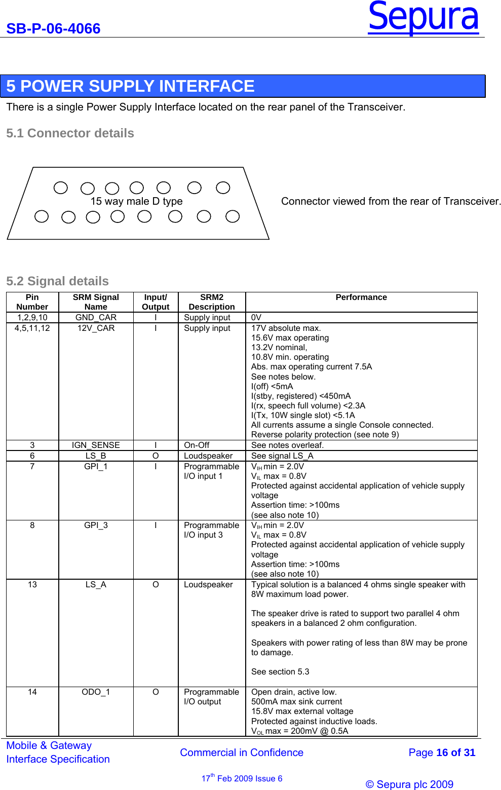 SB-P-06-4066 Sepura  Commercial in Confidence   Page 16 of 31 Mobile &amp; Gateway Interface Specification 17th Feb 2009 Issue 6                &copy; Sepura plc 2009    5 POWER SUPPLY INTERFACE There is a single Power Supply Interface located on the rear panel of the Transceiver. 5.1 Connector details  5.2 Signal details Pin  Number  SRM Signal Name   Input/ Output  SRM2 Description  Performance 1,2,9,10 GND_CAR  I Supply input 0V 4,5,11,12  12V_CAR  I  Supply input  17V absolute max. 15.6V max operating 13.2V nominal, 10.8V min. operating Abs. max operating current 7.5A See notes below. I(off) <5mA I(stby, registered) <450mA I(rx, speech full volume) <2.3A I(Tx, 10W single slot) <5.1A All currents assume a single Console connected. Reverse polarity protection (see note 9) 3  IGN_SENSE  I  On-Off  See notes overleaf. 6  LS_B  O  Loudspeaker   See signal LS_A 7 GPI_1 I Programmable I/O input 1 VIH min = 2.0V VIL max = 0.8V Protected against accidental application of vehicle supply voltage Assertion time: >100ms (see also note 10) 8 GPI_3 I Programmable I/O input 3 VIH min = 2.0V VIL max = 0.8V Protected against accidental application of vehicle supply voltage Assertion time: >100ms (see also note 10) 13  LS_A  O  Loudspeaker  Typical solution is a balanced 4 ohms single speaker with 8W maximum load power.   The speaker drive is rated to support two parallel 4 ohm speakers in a balanced 2 ohm configuration.  Speakers with power rating of less than 8W may be prone to damage.  See section 5.3  14 ODO_1 O Programmable I/O output Open drain, active low.  500mA max sink current 15.8V max external voltage Protected against inductive loads. VOL max = 200mV @ 0.5A 15 way male D type  Connector viewed from the rear of Transceiver.   
