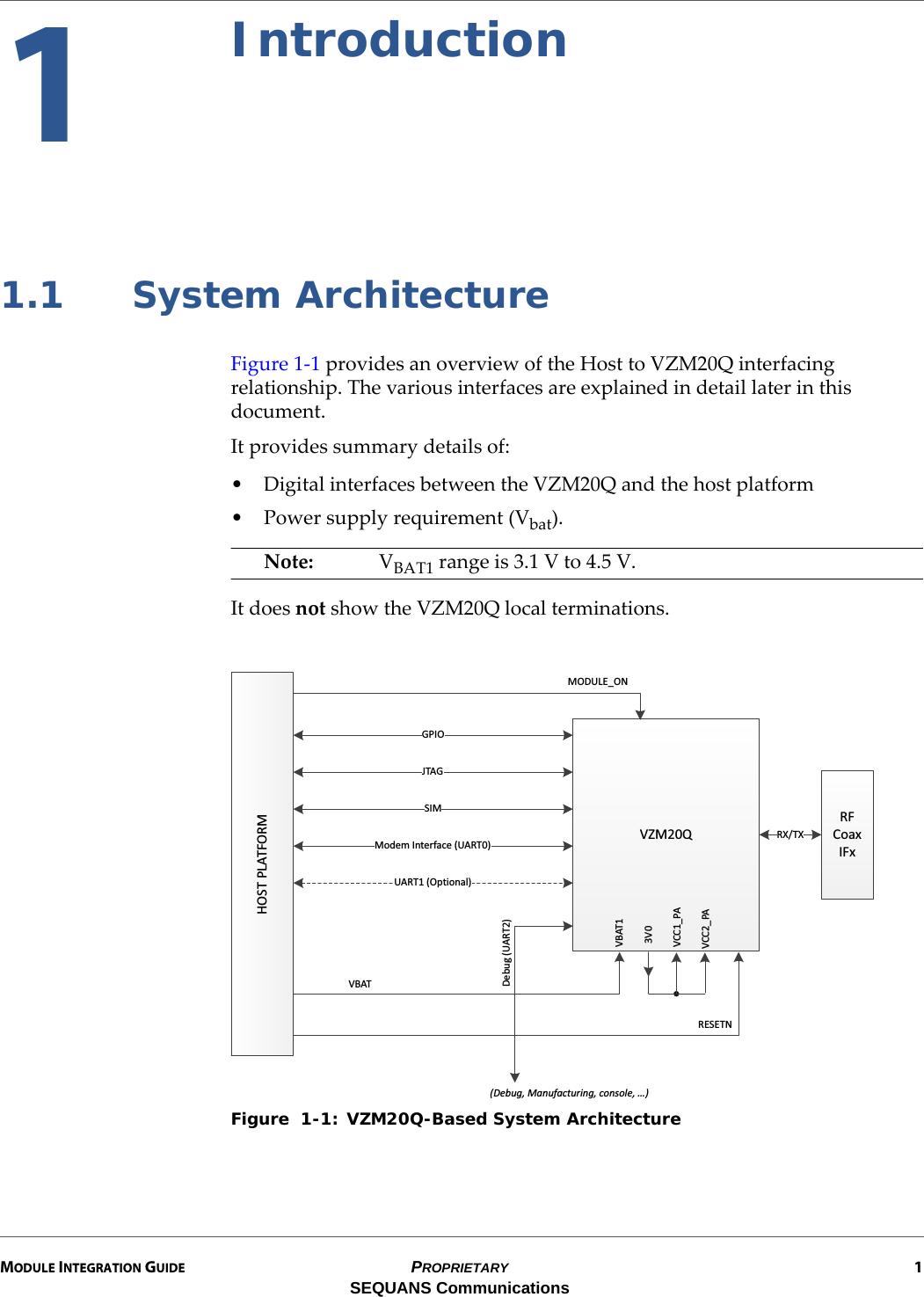 MODULE INTEGRATION GUIDE PROPRIETARY 1SEQUANS Communications1Introduction1.1 System ArchitectureFigure 1-1 provides an overview of the Host to VZM20Q interfacing relationship. The various interfaces are explained in detail later in this document.It provides summary details of:• Digital interfaces between the VZM20Q and the host platform• Power supply requirement (Vbat).Note: VBAT1 range is 3.1 V to 4.5 V.It does not show the VZM20Q local terminations.Figure  1-1: VZM20Q-Based System Architecture,K^dW&gt;d&amp;KZDsDϮϬYZ&amp;ŽĂǆ/&amp;ǆZyͬdysdsϭͺWsϮͺWsdϭZ^dEDKh&gt;ͺKE:d&apos;^/DhZdϭ;KƉƚŝŽŶĂůͿDŽĚĞŵ/ŶƚĞƌĨĂĐĞ;hZdϬͿ&apos;W/KϯsϬĞďƵŐ;hZdϮͿ;ĞďƵŐ͕DĂŶƵĨĂĐƚƵƌŝŶŐ͕ĐŽŶƐŽůĞ͕͙Ϳ