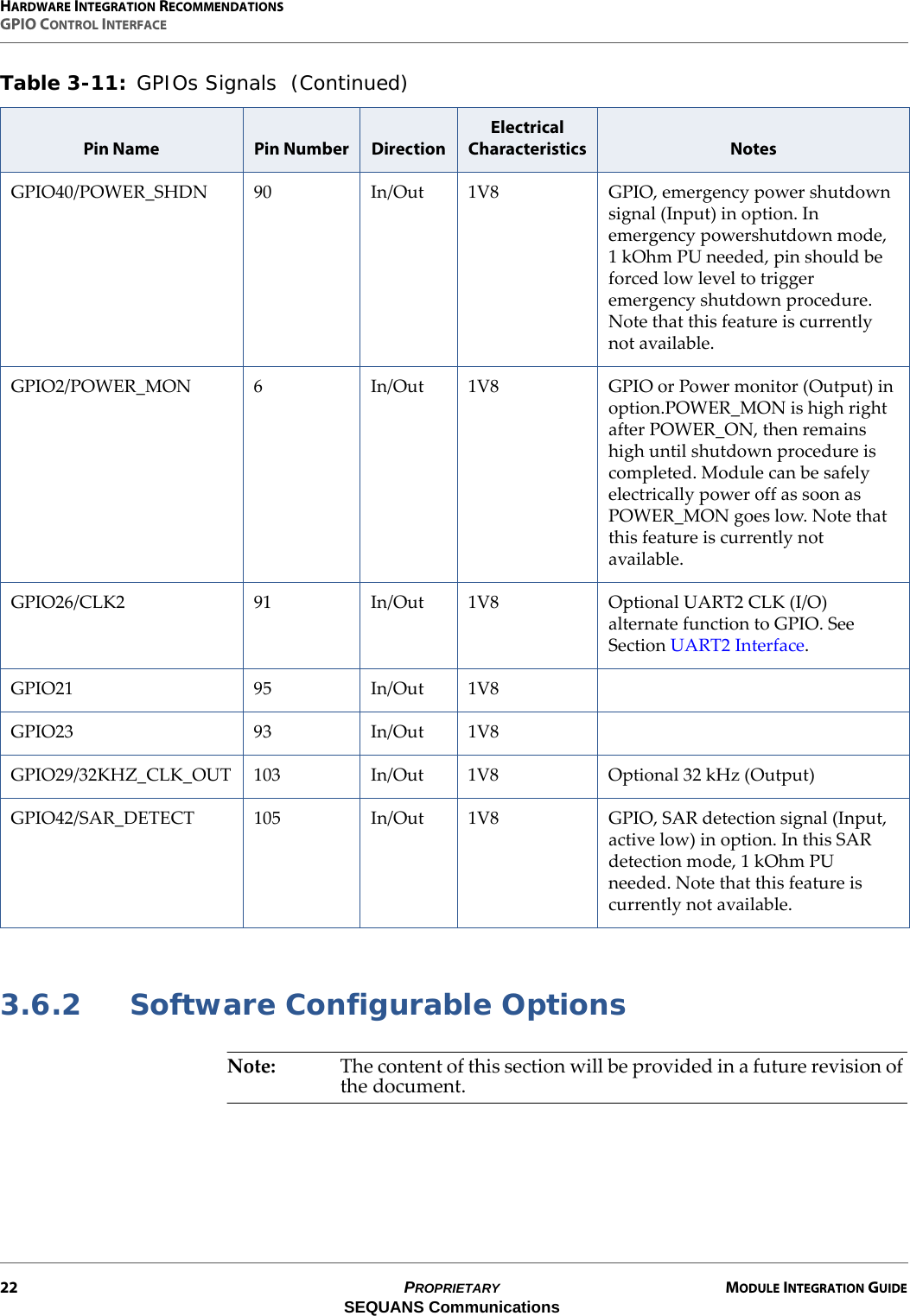 HARDWARE INTEGRATION RECOMMENDATIONSGPIO CONTROL INTERFACE22 PROPRIETARY MODULE INTEGRATION GUIDESEQUANS Communications3.6.2 Software Configurable OptionsNote: The content of this section will be provided in a future revision of the document.GPIO40/POWER_SHDN 90 In/Out 1V8 GPIO, emergency power shutdown signal (Input) in option. In emergency powershutdown mode, 1 kOhm PU needed, pin should be forced low level to trigger emergency shutdown procedure. Note that this feature is currently not available.GPIO2/POWER_MON 6 In/Out 1V8 GPIO or Power monitor (Output) in option.POWER_MON is high right after POWER_ON, then remains high until shutdown procedure is completed. Module can be safely electrically power off as soon as POWER_MON goes low. Note that this feature is currently not available.GPIO26/CLK2 91 In/Out 1V8 Optional UART2 CLK (I/O) alternate function to GPIO. See Section UART2 Interface.GPIO21 95 In/Out 1V8GPIO23 93 In/Out 1V8GPIO29/32KHZ_CLK_OUT 103 In/Out 1V8 Optional 32 kHz (Output)GPIO42/SAR_DETECT 105 In/Out 1V8 GPIO, SAR detection signal (Input, active low) in option. In this SAR detection mode, 1 kOhm PU needed. Note that this feature is currently not available.Table 3-11: GPIOs Signals  (Continued)Pin Name Pin Number DirectionElectrical Characteristics Notes