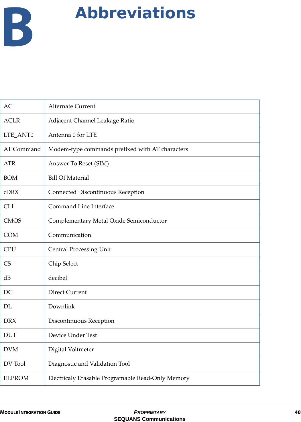 MODULE INTEGRATION GUIDE PROPRIETARY 40SEQUANS CommunicationsBAbbreviationsAC Alternate CurrentACLR Adjacent Channel Leakage RatioLTE_ANT0 Antenna 0 for LTEAT Command Modem-type commands prefixed with AT charactersATR Answer To Reset (SIM)BOM Bill Of MaterialcDRX Connected Discontinuous ReceptionCLI Command Line InterfaceCMOS Complementary Metal Oxide SemiconductorCOM Communication CPU Central Processing UnitCS Chip SelectdB decibelDC Direct CurrentDL DownlinkDRX Discontinuous ReceptionDUT Device Under TestDVM Digital VoltmeterDV Tool Diagnostic and Validation ToolEEPROM Electricaly Erasable Programable Read-Only Memory