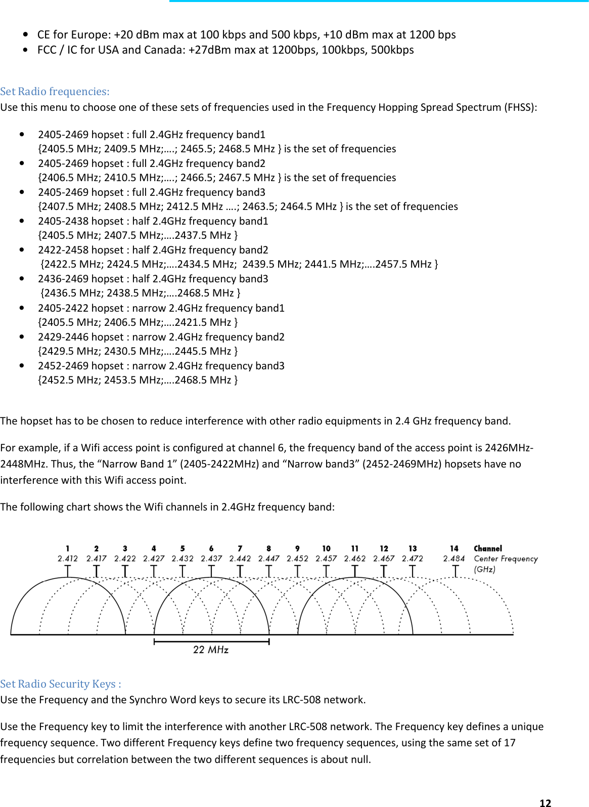  12  • CE for Europe: +20 dBm max at 100 kbps and 500 kbps, +10 dBm max at 1200 bps • FCC / IC for USA and Canada: +27dBm max at 1200bps, 100kbps, 500kbps  Set Radio frequencies: Use this menu to choose one of these sets of frequencies used in the Frequency Hopping Spread Spectrum (FHSS): • 2405-2469 hopset : full 2.4GHz frequency band1 {2405.5 MHz; 2409.5 MHz;….; 2465.5; 2468.5 MHz } is the set of frequencies • 2405-2469 hopset : full 2.4GHz frequency band2 {2406.5 MHz; 2410.5 MHz;….; 2466.5; 2467.5 MHz } is the set of frequencies • 2405-2469 hopset : full 2.4GHz frequency band3 {2407.5 MHz; 2408.5 MHz; 2412.5 MHz ….; 2463.5; 2464.5 MHz } is the set of frequencies • 2405-2438 hopset : half 2.4GHz frequency band1 {2405.5 MHz; 2407.5 MHz;….2437.5 MHz } • 2422-2458 hopset : half 2.4GHz frequency band2  {2422.5 MHz; 2424.5 MHz;….2434.5 MHz;  2439.5 MHz; 2441.5 MHz;….2457.5 MHz } • 2436-2469 hopset : half 2.4GHz frequency band3  {2436.5 MHz; 2438.5 MHz;….2468.5 MHz } • 2405-2422 hopset : narrow 2.4GHz frequency band1 {2405.5 MHz; 2406.5 MHz;….2421.5 MHz } • 2429-2446 hopset : narrow 2.4GHz frequency band2 {2429.5 MHz; 2430.5 MHz;….2445.5 MHz } • 2452-2469 hopset : narrow 2.4GHz frequency band3 {2452.5 MHz; 2453.5 MHz;….2468.5 MHz }  The hopset has to be chosen to reduce interference with other radio equipments in 2.4 GHz frequency band. For example, if a Wifi access point is configured at channel 6, the frequency band of the access point is 2426MHz-2448MHz. Thus, the “Narrow Band 1” (2405-2422MHz) and “Narrow band3” (2452-2469MHz) hopsets have no interference with this Wifi access point. The following chart shows the Wifi channels in 2.4GHz frequency band:  Set Radio Security Keys : Use the Frequency and the Synchro Word keys to secure its LRC-508 network. Use the Frequency key to limit the interference with another LRC-508 network. The Frequency key defines a unique frequency sequence. Two different Frequency keys define two frequency sequences, using the same set of 17 frequencies but correlation between the two different sequences is about null. 