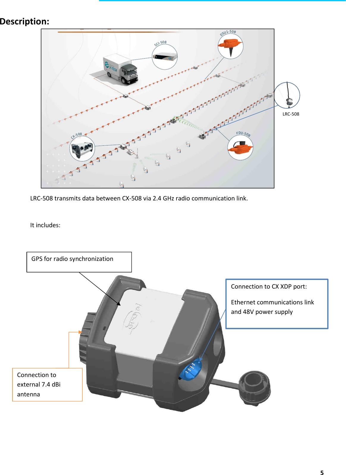  5  Description:          LRC-508 transmits data between CX-508 via 2.4 GHz radio communication link.   It includes:    GPS for radio synchronization Connection to CX XDP port: Ethernet communications link and 48V power supply Connection to external 7.4 dBi antenna LRC-508 