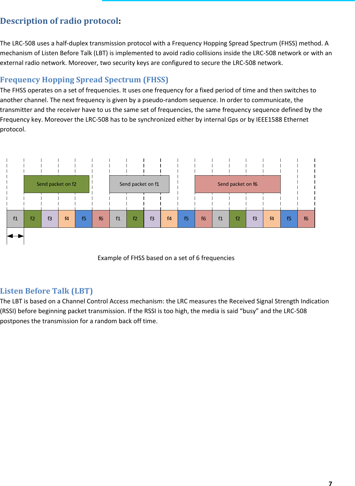  7  Description of radio protocol: The LRC-508 uses a half-duplex transmission protocol with a Frequency Hopping Spread Spectrum (FHSS) method. A mechanism of Listen Before Talk (LBT) is implemented to avoid radio collisions inside the LRC-508 network or with an external radio network. Moreover, two security keys are configured to secure the LRC-508 network. Frequency Hopping Spread Spectrum (FHSS) The FHSS operates on a set of frequencies. It uses one frequency for a fixed period of time and then switches to another channel. The next frequency is given by a pseudo-random sequence. In order to communicate, the transmitter and the receiver have to us the same set of frequencies, the same frequency sequence defined by the Frequency key. Moreover the LRC-508 has to be synchronized either by internal Gps or by IEEE1588 Ethernet protocol.   Example of FHSS based on a set of 6 frequencies  Listen Before Talk (LBT) The LBT is based on a Channel Control Access mechanism: the LRC measures the Received Signal Strength Indication (RSSI) before beginning packet transmission. If the RSSI is too high, the media is said “busy” and the LRC-508 postpones the transmission for a random back off time.    