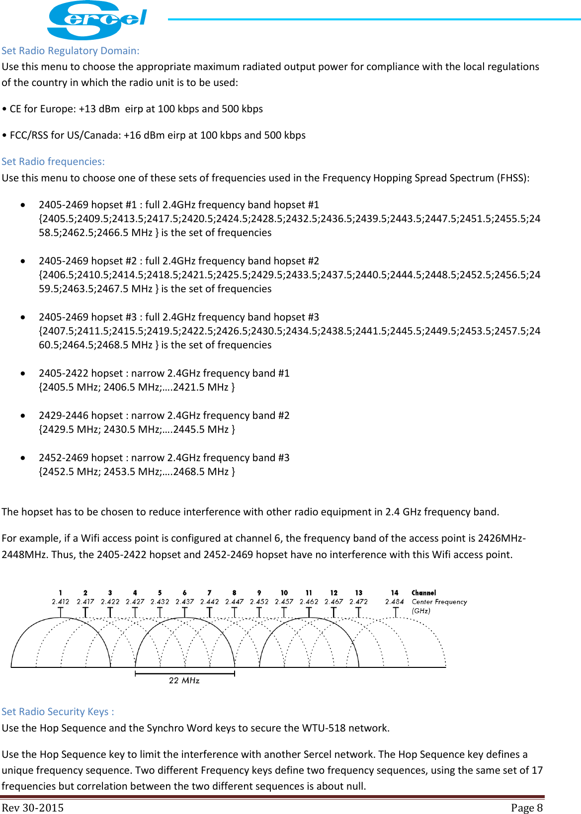  Rev 30-2015  Page 8  Set Radio Regulatory Domain: Use this menu to choose the appropriate maximum radiated output power for compliance with the local regulations of the country in which the radio unit is to be used: • CE for Europe: +13 dBm  eirp at 100 kbps and 500 kbps • FCC/RSS for US/Canada: +16 dBm eirp at 100 kbps and 500 kbps Set Radio frequencies: Use this menu to choose one of these sets of frequencies used in the Frequency Hopping Spread Spectrum (FHSS):  2405-2469 hopset #1 : full 2.4GHz frequency band hopset #1  {2405.5;2409.5;2413.5;2417.5;2420.5;2424.5;2428.5;2432.5;2436.5;2439.5;2443.5;2447.5;2451.5;2455.5;2458.5;2462.5;2466.5 MHz } is the set of frequencies   2405-2469 hopset #2 : full 2.4GHz frequency band hopset #2  {2406.5;2410.5;2414.5;2418.5;2421.5;2425.5;2429.5;2433.5;2437.5;2440.5;2444.5;2448.5;2452.5;2456.5;2459.5;2463.5;2467.5 MHz } is the set of frequencies   2405-2469 hopset #3 : full 2.4GHz frequency band hopset #3  {2407.5;2411.5;2415.5;2419.5;2422.5;2426.5;2430.5;2434.5;2438.5;2441.5;2445.5;2449.5;2453.5;2457.5;2460.5;2464.5;2468.5 MHz } is the set of frequencies   2405-2422 hopset : narrow 2.4GHz frequency band #1 {2405.5 MHz; 2406.5 MHz;….2421.5 MHz }   2429-2446 hopset : narrow 2.4GHz frequency band #2 {2429.5 MHz; 2430.5 MHz;….2445.5 MHz }   2452-2469 hopset : narrow 2.4GHz frequency band #3 {2452.5 MHz; 2453.5 MHz;….2468.5 MHz }  The hopset has to be chosen to reduce interference with other radio equipment in 2.4 GHz frequency band. For example, if a Wifi access point is configured at channel 6, the frequency band of the access point is 2426MHz-2448MHz. Thus, the 2405-2422 hopset and 2452-2469 hopset have no interference with this Wifi access point.  Set Radio Security Keys : Use the Hop Sequence and the Synchro Word keys to secure the WTU-518 network. Use the Hop Sequence key to limit the interference with another Sercel network. The Hop Sequence key defines a unique frequency sequence. Two different Frequency keys define two frequency sequences, using the same set of 17 frequencies but correlation between the two different sequences is about null. 