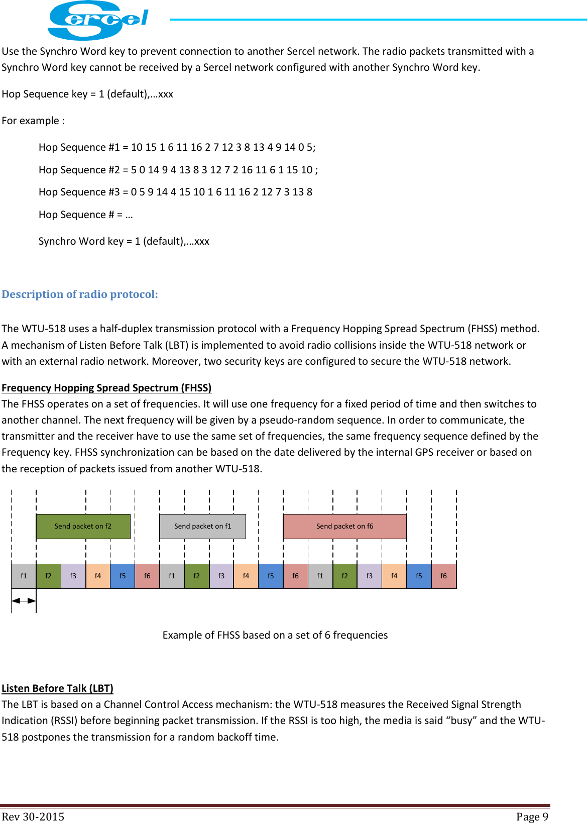  Rev 30-2015  Page 9  Use the Synchro Word key to prevent connection to another Sercel network. The radio packets transmitted with a Synchro Word key cannot be received by a Sercel network configured with another Synchro Word key. Hop Sequence key = 1 (default),…xxx For example :  Hop Sequence #1 = 10 15 1 6 11 16 2 7 12 3 8 13 4 9 14 0 5; Hop Sequence #2 = 5 0 14 9 4 13 8 3 12 7 2 16 11 6 1 15 10 ; Hop Sequence #3 = 0 5 9 14 4 15 10 1 6 11 16 2 12 7 3 13 8 Hop Sequence # = … Synchro Word key = 1 (default),…xxx  Description of radio protocol: The WTU-518 uses a half-duplex transmission protocol with a Frequency Hopping Spread Spectrum (FHSS) method. A mechanism of Listen Before Talk (LBT) is implemented to avoid radio collisions inside the WTU-518 network or with an external radio network. Moreover, two security keys are configured to secure the WTU-518 network. Frequency Hopping Spread Spectrum (FHSS) The FHSS operates on a set of frequencies. It will use one frequency for a fixed period of time and then switches to another channel. The next frequency will be given by a pseudo-random sequence. In order to communicate, the transmitter and the receiver have to use the same set of frequencies, the same frequency sequence defined by the Frequency key. FHSS synchronization can be based on the date delivered by the internal GPS receiver or based on the reception of packets issued from another WTU-518. f1 f2 f3 f4 f5 f6 f1 f2 f3 f4 f5 f6 f1 f2 f3 f4 f5 f6Send packet on f2 Send packet on f1 Send packet on f6 Example of FHSS based on a set of 6 frequencies  Listen Before Talk (LBT) The LBT is based on a Channel Control Access mechanism: the WTU-518 measures the Received Signal Strength Indication (RSSI) before beginning packet transmission. If the RSSI is too high, the media is said “busy” and the WTU-518 postpones the transmission for a random backoff time.   