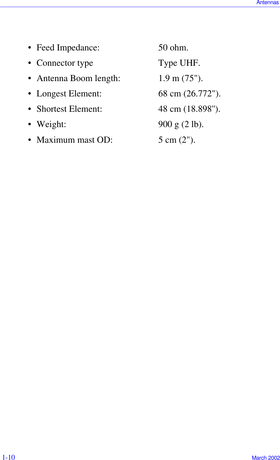 Antennas1-10  March 2002• Feed Impedance:  50 ohm.• Connector type Type UHF.• Antenna Boom length: 1.9 m (75&quot;).• Longest Element: 68 cm (26.772&quot;).• Shortest Element: 48 cm (18.898&apos;&apos;).• Weight: 900 g (2 lb).• Maximum mast OD: 5 cm (2&quot;).