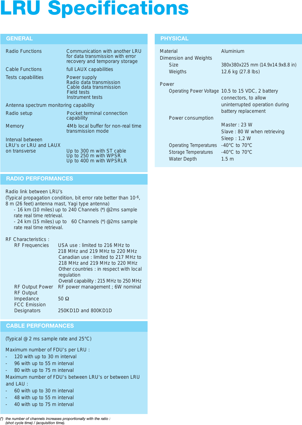 CABLE PERFORMANCES(Typical @ 2 ms sample rate and 25°C)Maximum number of FDU&apos;s per LRU :- 120 with up to 30 m interval - 96 with up to 55 m interval- 80 with up to 75 m intervalMaximum number of FDU&apos;s between LRU&apos;s or between LRUand LAU :- 60 with up to 30 m interval - 48 with up to 55 m interval- 40 with up to 75 m intervalPHYSICALMaterial AluminiumDimension and Weights Size380x380x225 mm (14.9x14.9x8.8 in)Weigths 12.6 kg (27.8 lbs)PowerOperating Power Voltage10.5 to 15 VDC, 2 batteryconnectors, to allowuninterrupted operation duringbattery replacementPower consumption Master : 23 WSlave : 80 W when retrievingSleep : 1,2 WOperating Temperatures-40°C to 70°CStorage Temperatures-40°C to 70°CWater Depth 1.5 m(*) the number of channels increases proportionally with the ratio : (shot cycle time) / (acquisition time).RADIO PERFORMANCESRadio link between LRU’s (Typical propagation condition, bit error rate better than 10-6,8 m (26 feet) antenna mast, Yagi type antenna)- 16 km (10 miles) up to 240 Channels (*) @2ms samplerate real time retrieval.- 24 km (15 miles) up to   60 Channels (*) @2ms samplerate real time retrieval.RF Characteristics :RF Frequencies USA use : limited to 216 MHz to218 MHz and 219 MHz to 220 MHzCanadian use : limited to 217 MHz to218 MHz and 219 MHz to 220 MHzOther countries : in respect with localregulationOverall capability : 215 MHz to 250 MHzRF Output Power RF power management ; 6W nominalRF OutputImpedance 50 ΩFCC EmissionDesignators 250KD1D and 800KD1DGENERALRadio Functions Communication with another LRUfor data transmission with errorrecovery and temporary storageCable Functions full LAUX capabilitiesTests capabilities Power supplyRadio data transmissionCable data transmissionField tests Instrument testsAntenna spectrum monitoring capabilityRadio setup Pocket terminal connectioncapabilityMemory 4Mb local buffer for non-real timetransmission modeInterval betweenLRU&apos;s or LRU and LAUXon transverse Up to 300 m with ST cableUp to 250 m with WPSRUp to 400 m with WPSRLRLRU Specifications