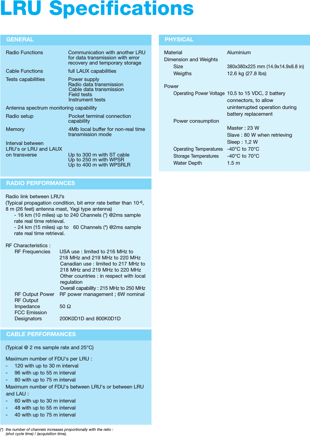 CABLE PERFORMANCES(Typical @ 2 ms sample rate and 25°C)Maximum number of FDU&apos;s per LRU :- 120 with up to 30 m interval - 96 with up to 55 m interval- 80 with up to 75 m intervalMaximum number of FDU&apos;s between LRU&apos;s or between LRUand LAU :- 60 with up to 30 m interval - 48 with up to 55 m interval- 40 with up to 75 m intervalPHYSICALMaterial AluminiumDimension and Weights Size380x380x225 mm (14.9x14.9x8.8 in)Weigths 12.6 kg (27.8 lbs)PowerOperating Power Voltage10.5 to 15 VDC, 2 batteryconnectors, to allowuninterrupted operation duringbattery replacementPower consumptionMaster : 23 WSlave : 80 W when retrievingSleep : 1,2 WOperating Temperatures-40°C to 70°CStorage Temperatures-40°C to 70°CWater Depth 1.5 m(*) the number of channels increases proportionally with the ratio : (shot cycle time) / (acquisition time).RADIO PERFORMANCESRadio link between LRU’s (Typical propagation condition, bit error rate better than 10-6,8 m (26 feet) antenna mast, Yagi type antenna)- 16 km (10 miles) up to 240 Channels (*) @2ms samplerate real time retrieval.- 24 km (15 miles) up to   60 Channels (*) @2ms samplerate real time retrieval.RF Characteristics :RF Frequencies USA use : limited to 216 MHz to218 MHz and 219 MHz to 220 MHzCanadian use : limited to 217 MHz to218 MHz and 219 MHz to 220 MHzOther countries : in respect with localregulationOverall capability : 215 MHz to 250 MHzRF Output Power RF power management ; 6W nominalRF OutputImpedance 50 ΩFCC EmissionDesignators 200K0D1D and 800K0D1DGENERALRadio Functions Communication with another LRUfor data transmission with errorrecovery and temporary storageCable Functions full LAUX capabilitiesTests capabilities Power supplyRadio data transmissionCable data transmissionField tests Instrument testsAntenna spectrum monitoring capabilityRadio setup Pocket terminal connectioncapabilityMemory 4Mb local buffer for non-real timetransmission modeInterval betweenLRU&apos;s or LRU and LAUXon transverse Up to 300 m with ST cableUp to 250 m with WPSRUp to 400 m with WPSRLRLRU Specifications