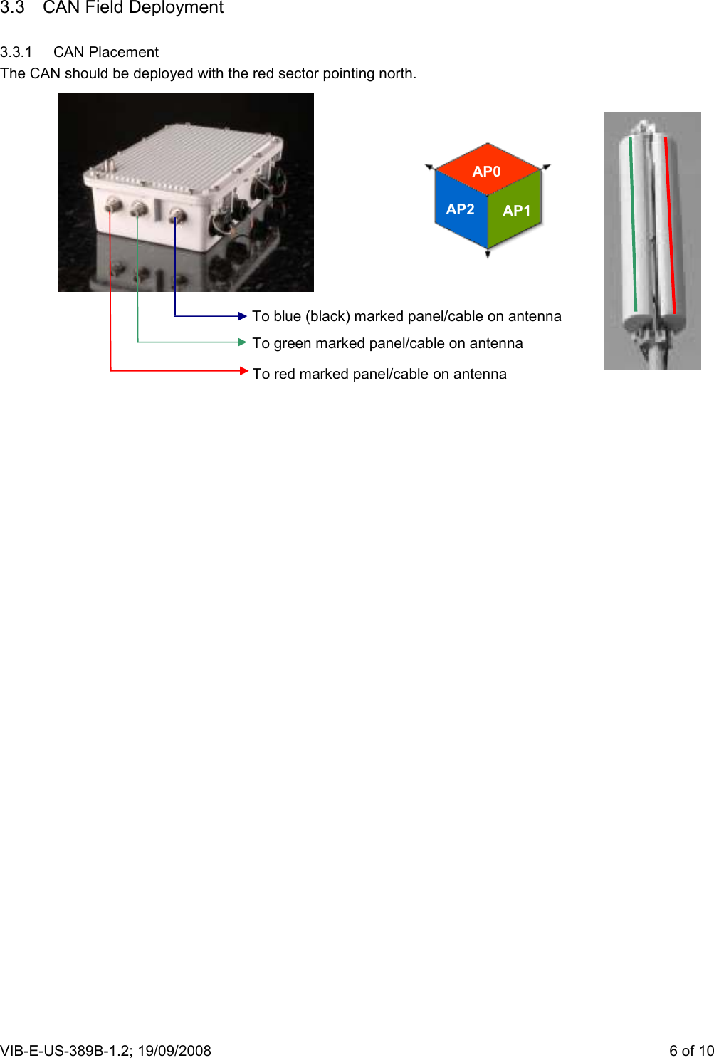 VIB-E-US-389B-1.2; 19/09/2008                       6 of 10 3.3  CAN Field Deployment 3.3.1  CAN Placement The CAN should be deployed with the red sector pointing north.                             To blue (black) marked panel/cable on antenna To green marked panel/cable on antenna To red marked panel/cable on antenna AP0 AP1 AP2 