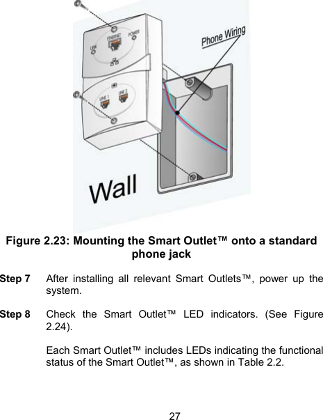 27 Figure 2.23: Mounting the Smart Outlet&trade; onto a standard phone jack   Step 7  After installing all relevant Smart Outlets&trade;, power up the system.  Step 8  Check the Smart Outlet&trade; LED indicators. (See Figure 2.24).    Each Smart Outlet&trade; includes LEDs indicating the functional status of the Smart Outlet&trade;, as shown in Table 2.2.   