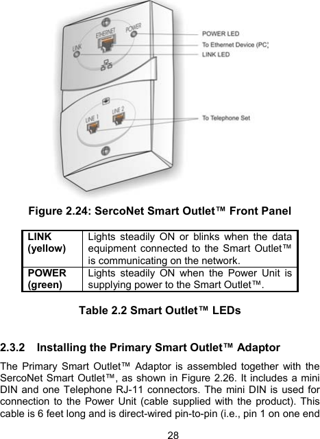 28 Figure 2.24: SercoNet Smart Outlet&trade; Front Panel   LINK (yellow) Lights steadily ON or blinks when the data equipment connected to the Smart Outlet&trade; is communicating on the network. POWER (green) Lights steadily ON when the Power Unit is supplying power to the Smart Outlet&trade;.  Table 2.2 Smart Outlet&trade; LEDs  2.3.2  Installing the Primary Smart Outlet&trade; Adaptor The Primary Smart Outlet&trade; Adaptor is assembled together with the SercoNet Smart Outlet&trade;, as shown in Figure 2.26. It includes a mini DIN and one Telephone RJ-11 connectors. The mini DIN is used for connection to the Power Unit (cable supplied with the product). This cable is 6 feet long and is direct-wired pin-to-pin (i.e., pin 1 on one end 