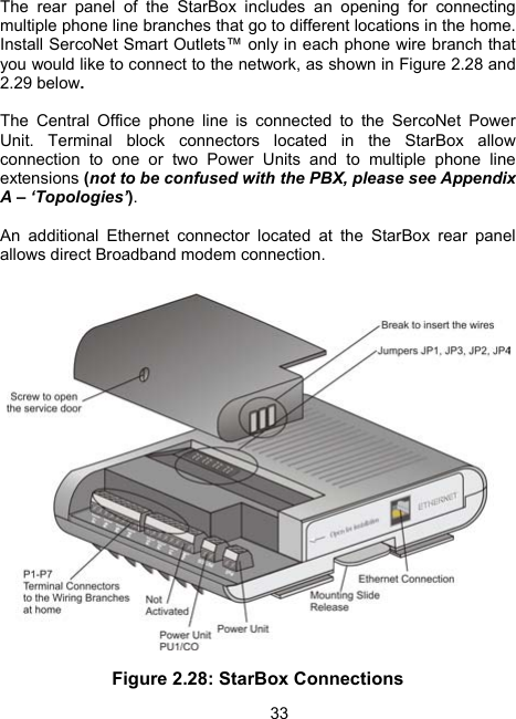 33The rear panel of the StarBox includes an opening for connecting multiple phone line branches that go to different locations in the home. Install SercoNet Smart Outlets&trade; only in each phone wire branch that you would like to connect to the network, as shown in Figure 2.28 and 2.29 below.  The Central Office phone line is connected to the SercoNet Power Unit. Terminal block connectors located in the StarBox allow connection to one or two Power Units and to multiple phone line extensions (not to be confused with the PBX, please see Appendix A &ndash; &lsquo;Topologies&rsquo;).   An additional Ethernet connector located at the StarBox rear panel allows direct Broadband modem connection.    Figure 2.28: StarBox Connections 