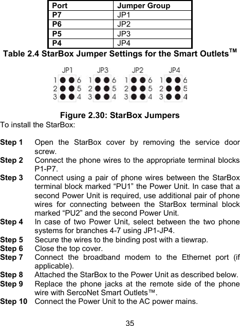 35 Port Jumper Group P7  JP1 P6  JP2 P5  JP3 P4  JP4 Table 2.4 StarBox Jumper Settings for the Smart OutletsTM    Figure 2.30: StarBox Jumpers To install the StarBox:  Step 1  Open the StarBox cover by removing the service door screw. Step 2  Connect the phone wires to the appropriate terminal blocks P1-P7. Step 3  Connect using a pair of phone wires between the StarBox terminal block marked &ldquo;PU1&rdquo; the Power Unit. In case that a second Power Unit is required, use additional pair of phone wires for connecting between the StarBox terminal block marked &ldquo;PU2&rdquo; and the second Power Unit. Step 4  In case of two Power Unit, select between the two phone systems for branches 4-7 using JP1-JP4. Step 5  Secure the wires to the binding post with a tiewrap. Step 6  Close the top cover. Step 7  Connect the broadband modem to the Ethernet port (if applicable). Step 8  Attached the StarBox to the Power Unit as described below. Step 9  Replace the phone jacks at the remote side of the phone wire with SercoNet Smart Outlets&trade;. Step 10  Connect the Power Unit to the AC power mains. 