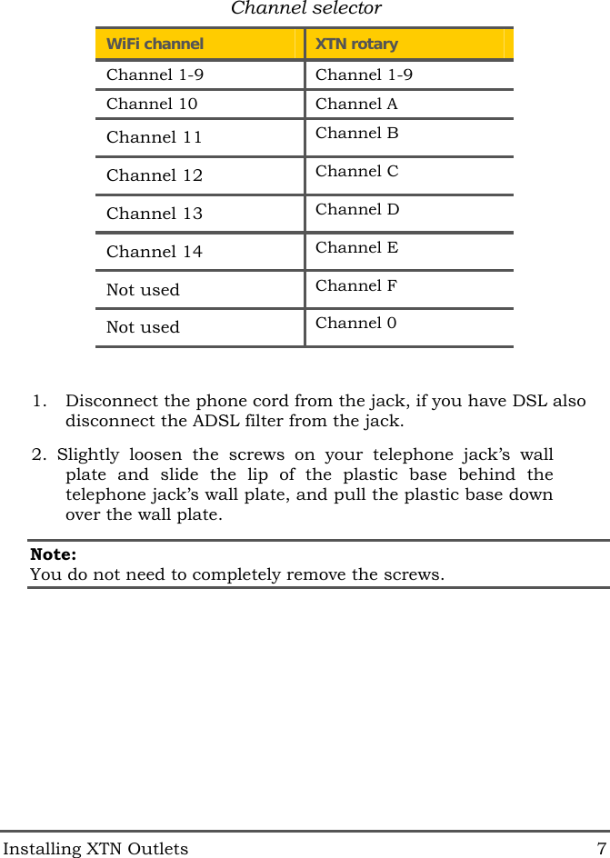  Installing XTN Outlets  7 Channel selector WiFi channel  XTN rotary  Channel 1-9  Channel 1-9 Channel 10  Channel A Channel 11  Channel B Channel 12  Channel C Channel 13  Channel D Channel 14  Channel E Not used  Channel F Not used  Channel 0  1.  Disconnect the phone cord from the jack, if you have DSL also         disconnect the ADSL filter from the jack. 2. Slightly loosen the screws on your telephone jack&rsquo;s wall plate and slide the lip of the plastic base behind the telephone jack&rsquo;s wall plate, and pull the plastic base down over the wall plate. Note:  You do not need to completely remove the screws. 