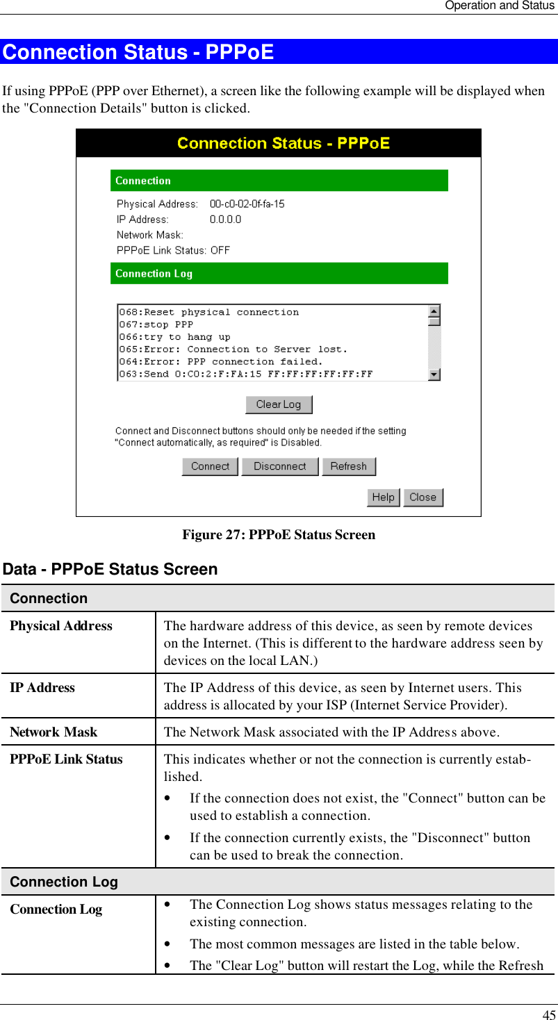 Operation and Status 45 Connection Status - PPPoE If using PPPoE (PPP over Ethernet), a screen like the following example will be displayed when the &quot;Connection Details&quot; button is clicked.  Figure 27: PPPoE Status Screen Data - PPPoE Status Screen Connection Physical Address The hardware address of this device, as seen by remote devices on the Internet. (This is different to the hardware address seen by devices on the local LAN.) IP Address The IP Address of this device, as seen by Internet users. This address is allocated by your ISP (Internet Service Provider). Network Mask The Network Mask associated with the IP Address above. PPPoE Link Status This indicates whether or not the connection is currently estab-lished. • If the connection does not exist, the &quot;Connect&quot; button can be used to establish a connection. • If the connection currently exists, the &quot;Disconnect&quot; button can be used to break the connection. Connection Log Connection Log • The Connection Log shows status messages relating to the existing connection. • The most common messages are listed in the table below. • The &quot;Clear Log&quot; button will restart the Log, while the Refresh 