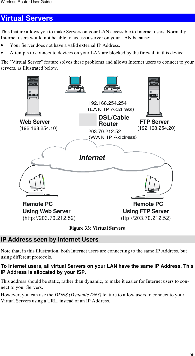 Wireless Router User Guide 56 Virtual Servers This feature allows you to make Servers on your LAN accessible to Internet users. Normally, Internet users would not be able to access a server on your LAN because: • Your Server does not have a valid external IP Address. • Attempts to connect to devices on your LAN are blocked by the firewall in this device. The &quot;Virtual Server&quot; feature solves these problems and allows Internet users to connect to your servers, as illustrated below. DSL/CableRouterWeb Server FTP ServerInternetRemote PC Remote PCUsing Web Server Using FTP Server(http://203.70.212.52)203.70.212.52192.168.254.254(192.168.254.10) (192.168.254.20)(LAN IP Address)(WAN IP Address)(ftp://203.70.212.52) Figure 33: Virtual Servers IP Address seen by Internet Users Note that, in this illustration, both Internet users are connecting to the same IP Address, but using different protocols. To Internet users, all virtual Servers on your LAN have the same IP Address. This IP Address is allocated by your ISP. This address should be static, rather than dynamic, to make it easier for Internet users to con-nect to your Servers. However, you can use the DDNS (Dynamic DNS) feature to allow users to connect to your Virtual Servers using a URL, instead of an IP Address. 