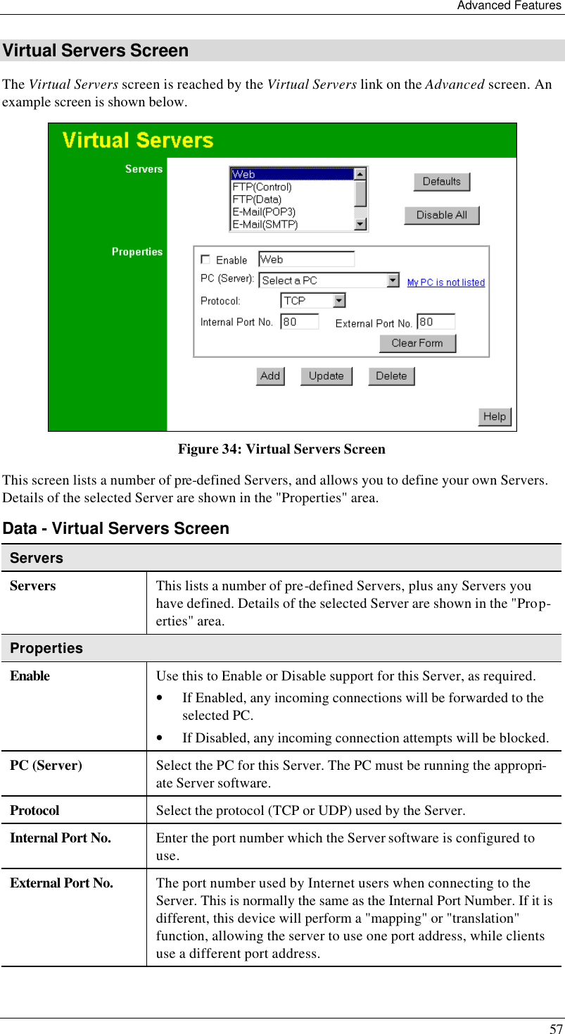 Advanced Features 57 Virtual Servers Screen The Virtual Servers screen is reached by the Virtual Servers link on the Advanced screen. An example screen is shown below.   Figure 34: Virtual Servers Screen This screen lists a number of pre-defined Servers, and allows you to define your own Servers. Details of the selected Server are shown in the &quot;Properties&quot; area. Data - Virtual Servers Screen Servers Servers This lists a number of pre-defined Servers, plus any Servers you have defined. Details of the selected Server are shown in the &quot;Prop-erties&quot; area. Properties Enable Use this to Enable or Disable support for this Server, as required. • If Enabled, any incoming connections will be forwarded to the selected PC. • If Disabled, any incoming connection attempts will be blocked. PC (Server) Select the PC for this Server. The PC must be running the appropri-ate Server software. Protocol Select the protocol (TCP or UDP) used by the Server. Internal Port No. Enter the port number which the Server software is configured to use. External Port No. The port number used by Internet users when connecting to the Server. This is normally the same as the Internal Port Number. If it is different, this device will perform a &quot;mapping&quot; or &quot;translation&quot; function, allowing the server to use one port address, while clients use a different port address. 