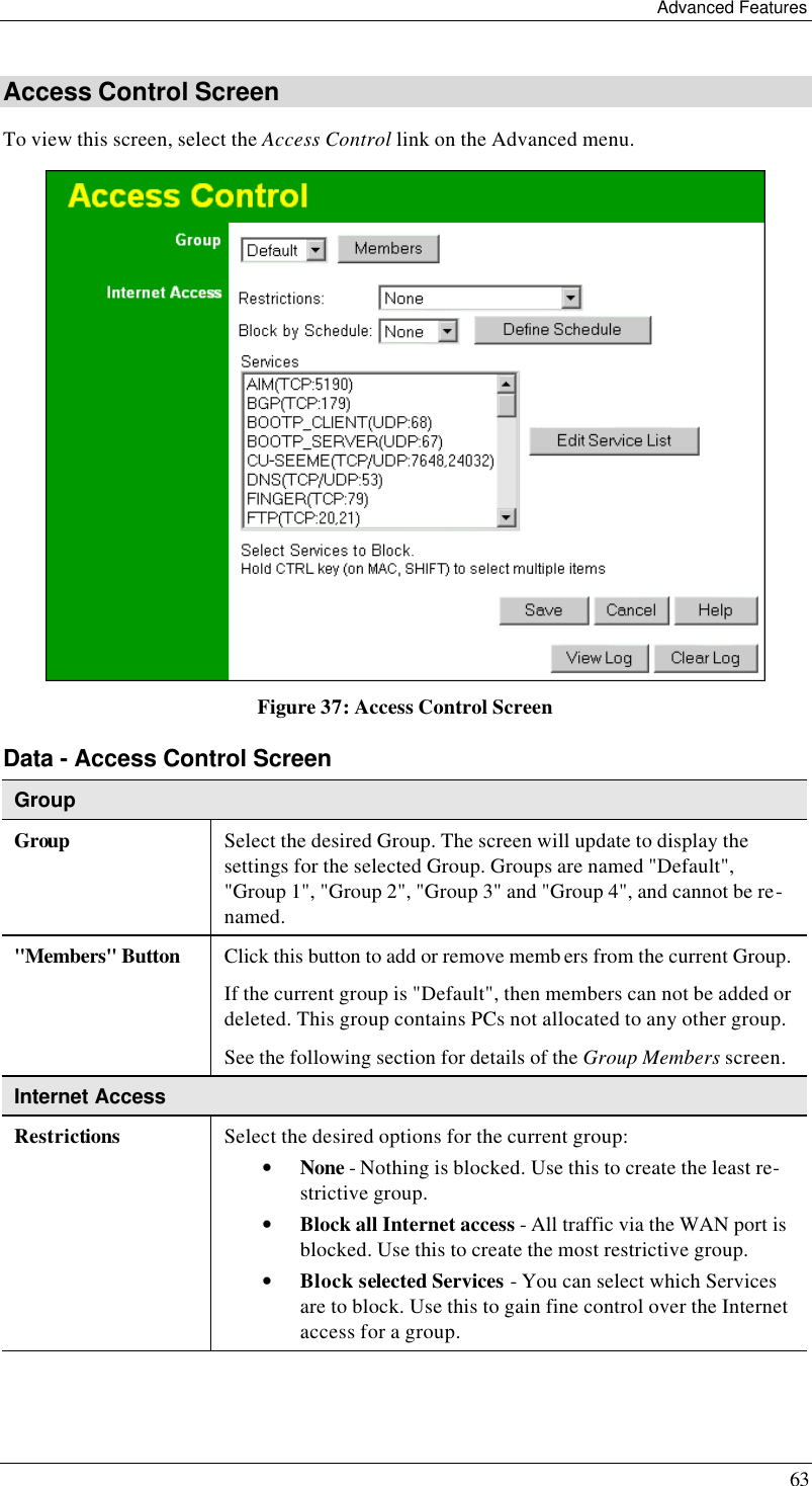 Advanced Features 63 Access Control Screen To view this screen, select the Access Control link on the Advanced menu.   Figure 37: Access Control Screen Data - Access Control Screen Group Group Select the desired Group. The screen will update to display the settings for the selected Group. Groups are named &quot;Default&quot;, &quot;Group 1&quot;, &quot;Group 2&quot;, &quot;Group 3&quot; and &quot;Group 4&quot;, and cannot be re-named. &quot;Members&quot; Button Click this button to add or remove memb ers from the current Group. If the current group is &quot;Default&quot;, then members can not be added or deleted. This group contains PCs not allocated to any other group. See the following section for details of the Group Members screen. Internet Access Restrictions Select the desired options for the current group: • None - Nothing is blocked. Use this to create the least re-strictive group.  • Block all Internet access - All traffic via the WAN port is blocked. Use this to create the most restrictive group.  • Block selected Services - You can select which Services are to block. Use this to gain fine control over the Internet access for a group. 