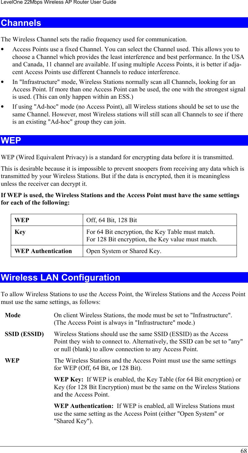LevelOne 22Mbps Wireless AP Router User Guide Channels The Wireless Channel sets the radio frequency used for communication.  •  Access Points use a fixed Channel. You can select the Channel used. This allows you to choose a Channel which provides the least interference and best performance. In the USA and Canada, 11 channel are available. If using multiple Access Points, it is better if adja-cent Access Points use different Channels to reduce interference. •  In &quot;Infrastructure&quot; mode, Wireless Stations normally scan all Channels, looking for an Access Point. If more than one Access Point can be used, the one with the strongest signal is used. (This can only happen within an ESS.) •  If using &quot;Ad-hoc&quot; mode (no Access Point), all Wireless stations should be set to use the same Channel. However, most Wireless stations will still scan all Channels to see if there is an existing &quot;Ad-hoc&quot; group they can join. WEP WEP (Wired Equivalent Privacy) is a standard for encrypting data before it is transmitted.  This is desirable because it is impossible to prevent snoopers from receiving any data which is transmitted by your Wireless Stations. But if the data is encrypted, then it is meaningless unless the receiver can decrypt it. If WEP is used, the Wireless Stations and the Access Point must have the same settings for each of the following: WEP  Off, 64 Bit, 128 Bit Key  For 64 Bit encryption, the Key Table must match.  For 128 Bit encryption, the Key value must match. WEP Authentication  Open System or Shared Key.  Wireless LAN Configuration To allow Wireless Stations to use the Access Point, the Wireless Stations and the Access Point must use the same settings, as follows: Mode  On client Wireless Stations, the mode must be set to &quot;Infrastructure&quot;. (The Access Point is always in &quot;Infrastructure&quot; mode.) SSID (ESSID)  Wireless Stations should use the same SSID (ESSID) as the Access Point they wish to connect to. Alternatively, the SSID can be set to &quot;any&quot; or null (blank) to allow connection to any Access Point. WEP  The Wireless Stations and the Access Point must use the same settings for WEP (Off, 64 Bit, or 128 Bit). WEP Key:  If WEP is enabled, the Key Table (for 64 Bit encryption) or Key (for 128 Bit Encryption) must be the same on the Wireless Stations and the Access Point. WEP Authentication:  If WEP is enabled, all Wireless Stations must use the same setting as the Access Point (either &quot;Open System&quot; or &quot;Shared Key&quot;). 68 