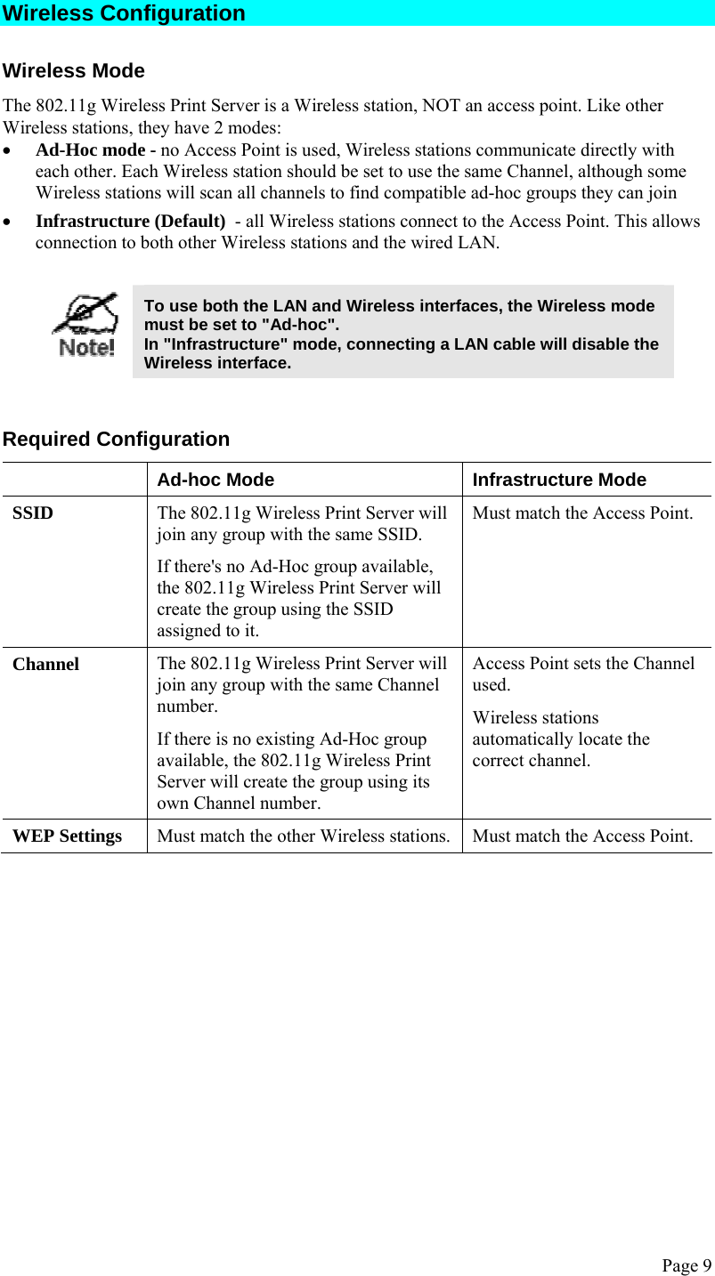  Page 9 Wireless Configuration Wireless Mode The 802.11g Wireless Print Server is a Wireless station, NOT an access point. Like other Wireless stations, they have 2 modes: • Ad-Hoc mode - no Access Point is used, Wireless stations communicate directly with each other. Each Wireless station should be set to use the same Channel, although some Wireless stations will scan all channels to find compatible ad-hoc groups they can join • Infrastructure (Default)  - all Wireless stations connect to the Access Point. This allows connection to both other Wireless stations and the wired LAN.    To use both the LAN and Wireless interfaces, the Wireless mode must be set to &quot;Ad-hoc&quot;. In &quot;Infrastructure&quot; mode, connecting a LAN cable will disable the Wireless interface.   Required Configuration   Ad-hoc Mode  Infrastructure Mode SSID  The 802.11g Wireless Print Server will join any group with the same SSID. If there&apos;s no Ad-Hoc group available, the 802.11g Wireless Print Server will create the group using the SSID assigned to it. Must match the Access Point. Channel  The 802.11g Wireless Print Server will join any group with the same Channel number. If there is no existing Ad-Hoc group available, the 802.11g Wireless Print Server will create the group using its own Channel number. Access Point sets the Channel used.  Wireless stations automatically locate the correct channel. WEP Settings  Must match the other Wireless stations.  Must match the Access Point.  