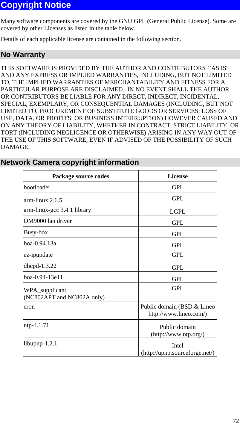  Copyright Notice Many software components are covered by the GNU GPL (General Public License). Some are covered by other Licenses as listed in the table below.  Details of each applicable license are contained in the following section. No Warranty THIS SOFTWARE IS PROVIDED BY THE AUTHOR AND CONTRIBUTORS ``AS IS&apos;&apos; AND ANY EXPRESS OR IMPLIED WARRANTIES, INCLUDING, BUT NOT LIMITED TO, THE IMPLIED WARRANTIES OF MERCHANTABILITY AND FITNESS FOR A PARTICULAR PURPOSE ARE DISCLAIMED.  IN NO EVENT SHALL THE AUTHOR OR CONTRIBUTORS BE LIABLE FOR ANY DIRECT, INDIRECT, INCIDENTAL, SPECIAL, EXEMPLARY, OR CONSEQUENTIAL DAMAGES (INCLUDING, BUT NOT LIMITED TO, PROCUREMENT OF SUBSTITUTE GOODS OR SERVICES; LOSS OF USE, DATA, OR PROFITS; OR BUSINESS INTERRUPTION) HOWEVER CAUSED AND ON ANY THEORY OF LIABILITY, WHETHER IN CONTRACT, STRICT LIABILITY, OR TORT (INCLUDING NEGLIGENCE OR OTHERWISE) ARISING IN ANY WAY OUT OF THE USE OF THIS SOFTWARE, EVEN IF ADVISED OF THE POSSIBILITY OF SUCH DAMAGE. Network Camera copyright information Package source codes  License bootloader GPL arm-linux 2.6.5  GPL arm-linux-gcc 3.4.1 library  LGPL DM9000 lan driver  GPL Busy-box  GPL boa-0.94.13a  GPL ez-ipupdate GPL dhcpd-1.3.22  GPL boa-0.94-13e11  GPL WPA_supplicant  (NC802APT and NC802A only) GPL cron  Public domain (BSD &amp; Lineo http://www.lineo.com/) ntp-4.1.71  Public domain (http://www.ntp.org/) libupnp-1.2.1  Intel (http://upnp.sourceforge.net/)  72 