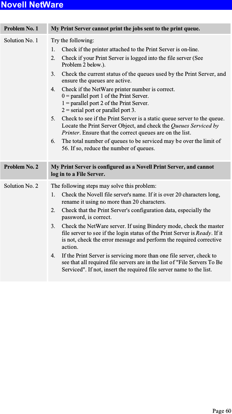 Page 60Novell NetWareProblem No. 1 My Print Server cannot print the jobs sent to the print queue.Solution No. 1 Try the following:1. Check if the printer attached to the Print Server is on-line.2. Check if your Print Server is logged into the file server (See Problem 2 below.).3. Check the current status of the queues used by the Print Server, and ensure the queues are active.4. Check if the NetWare printer number is correct.0 = parallel port 1 of the Print Server.1 = parallel port 2 of the Print Server.2 = serial port or parallel port 3.5. Check to see if the Print Server is a static queue server to the queue.Locate the Print Server Object, and check the Queues Serviced by Printer. Ensure that the correct queues are on the list.6. The total number of queues to be serviced may be over the limit of 56. If so, reduce the number of queues.Problem No. 2 My Print Server is configured as a Novell Print Server, and cannot log in to a File Server.Solution No. 2 The following steps may solve this problem:1. Check the Novell file server&apos;s name. If it is over 20 characters long, rename it using no more than 20 characters.2. Check that the Print Server&apos;s configuration data, especially the password, is correct.3. Check the NetWare server. If using Bindery mode, check the master file server to see if the login status of the Print Server is Ready. If it is not, check the error message and perform the required corrective action.4. If the Print Server is servicing more than one file server, check to see that all required file servers are in the list of &quot;File Servers To Be Serviced&quot;. If not, insert the required file server name to the list.