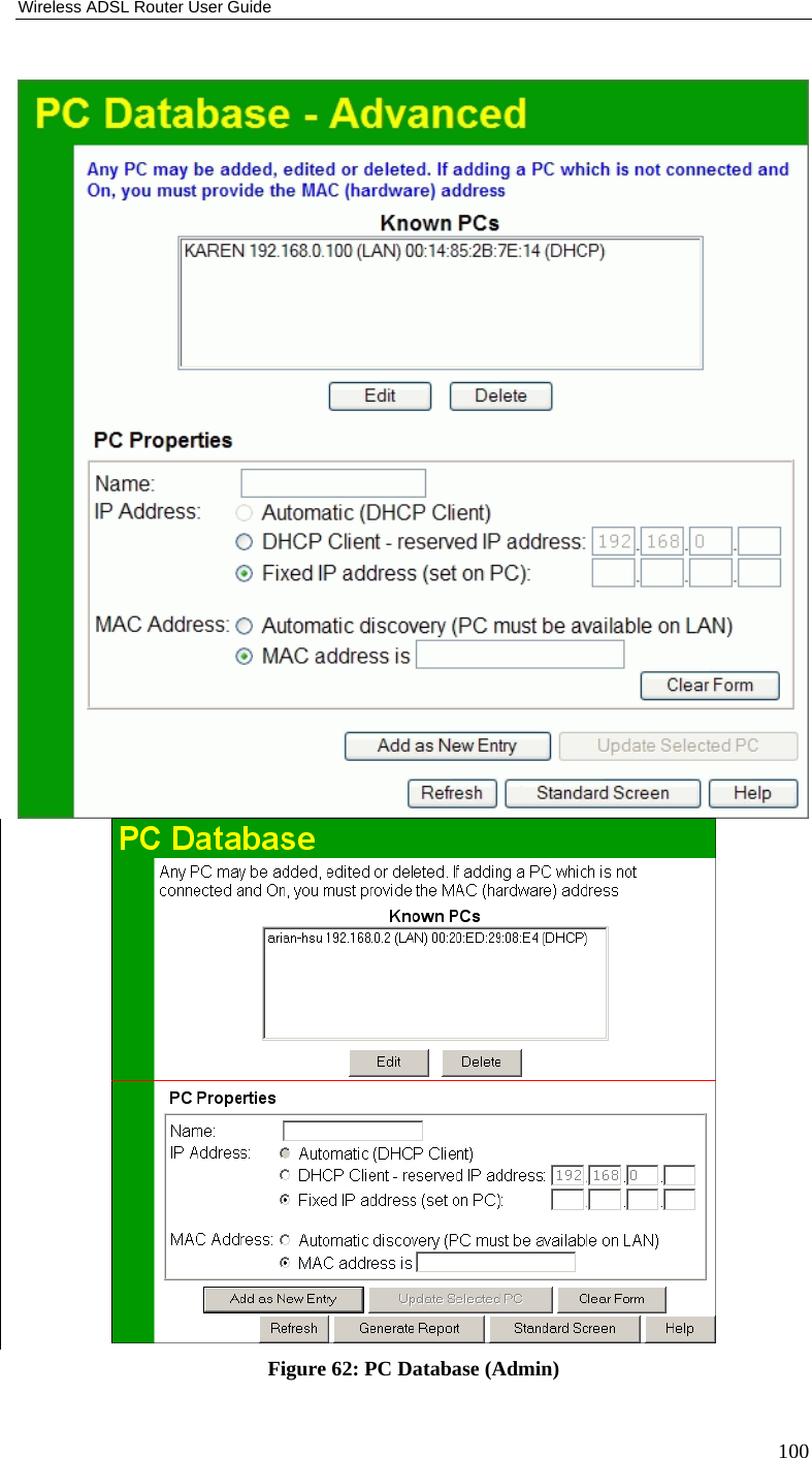 Wireless ADSL Router User Guide 100   Figure 62: PC Database (Admin) 