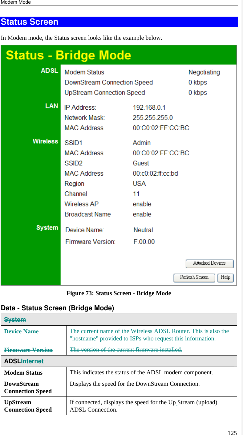 Modem Mode 125 Status Screen In Modem mode, the Status screen looks like the example below.  Figure 73: Status Screen - Bridge Mode Data - Status Screen (Bridge Mode) System Device Name The current name of the Wireless ADSL Router. This is also the &quot;hostname&quot; provided to ISPs who request this information. Firmware Version The version of the current firmware installed. ADSLInternet Modem Status  This indicates the status of the ADSL modem component. DownStream Connection Speed  Displays the speed for the DownStream Connection. UpStream Connection Speed  If connected, displays the speed for the Up Stream (upload) ADSL Connection. 