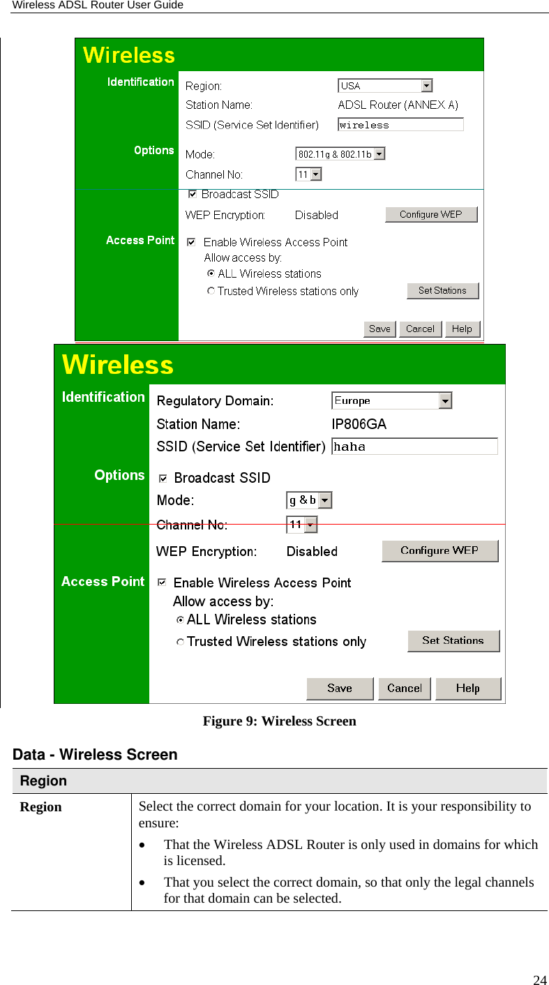Wireless ADSL Router User Guide 24  Figure 9: Wireless Screen Data - Wireless Screen Region Region  Select the correct domain for your location. It is your responsibility to ensure: • That the Wireless ADSL Router is only used in domains for which is licensed. • That you select the correct domain, so that only the legal channels for that domain can be selected. 