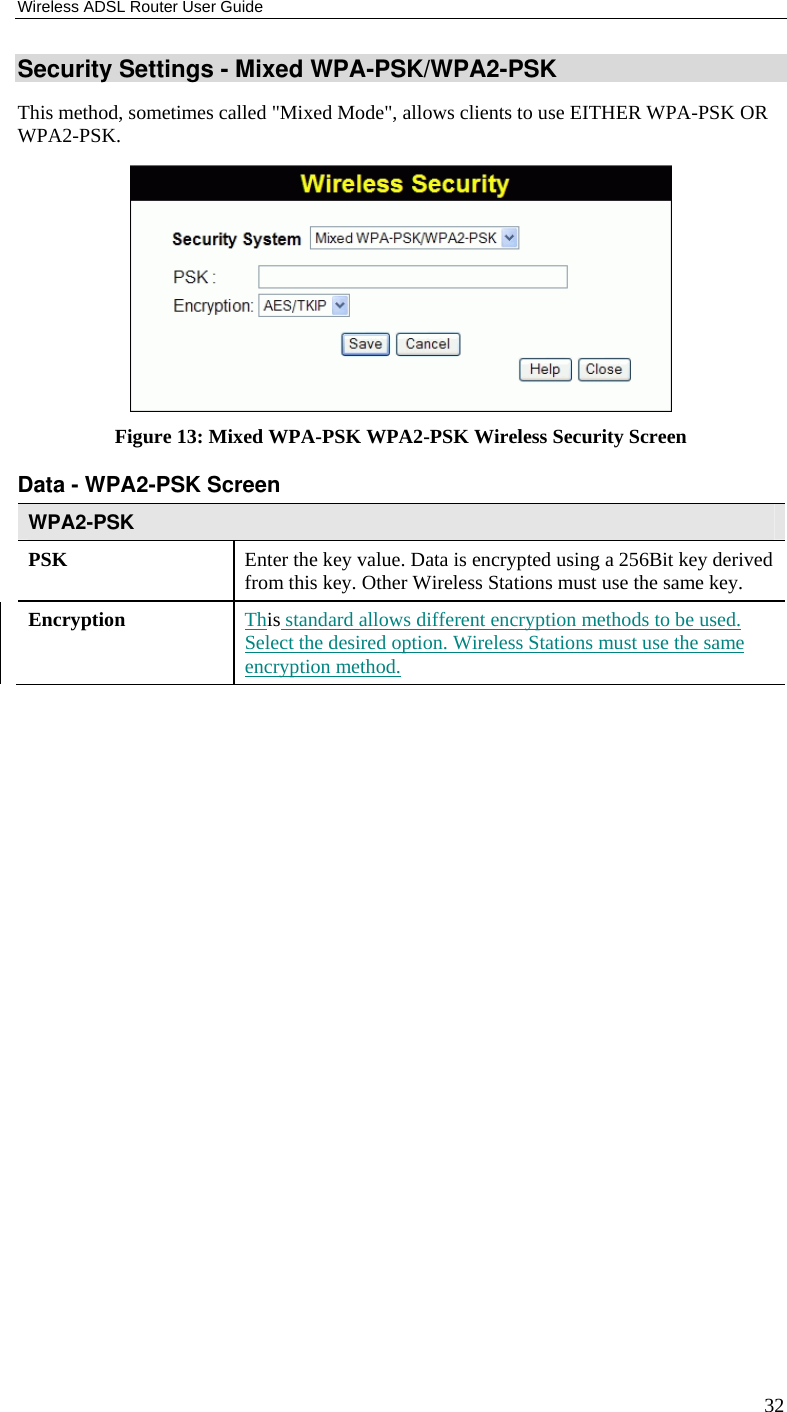 Wireless ADSL Router User Guide 32 Security Settings - Mixed WPA-PSK/WPA2-PSK This method, sometimes called &quot;Mixed Mode&quot;, allows clients to use EITHER WPA-PSK OR WPA2-PSK.  Figure 13: Mixed WPA-PSK WPA2-PSK Wireless Security Screen Data - WPA2-PSK Screen  WPA2-PSK PSK  Enter the key value. Data is encrypted using a 256Bit key derived from this key. Other Wireless Stations must use the same key. Encryption  This standard allows different encryption methods to be used. Select the desired option. Wireless Stations must use the same encryption method.   