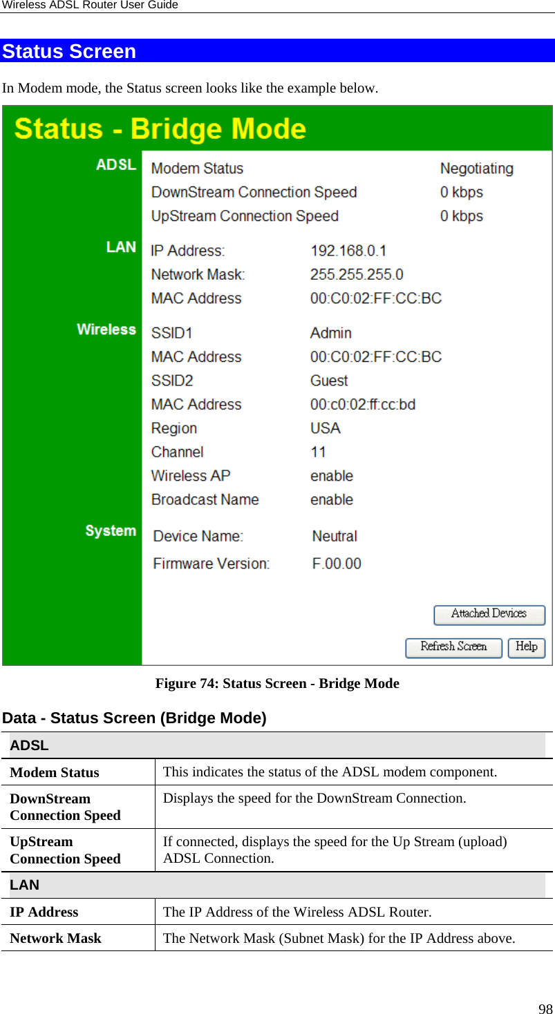 Wireless ADSL Router User Guide 98 Status Screen In Modem mode, the Status screen looks like the example below.  Figure 74: Status Screen - Bridge Mode Data - Status Screen (Bridge Mode) ADSL Modem Status  This indicates the status of the ADSL modem component. DownStream Connection Speed  Displays the speed for the DownStream Connection. UpStream Connection Speed  If connected, displays the speed for the Up Stream (upload) ADSL Connection. LAN IP Address  The IP Address of the Wireless ADSL Router. Network Mask  The Network Mask (Subnet Mask) for the IP Address above. 
