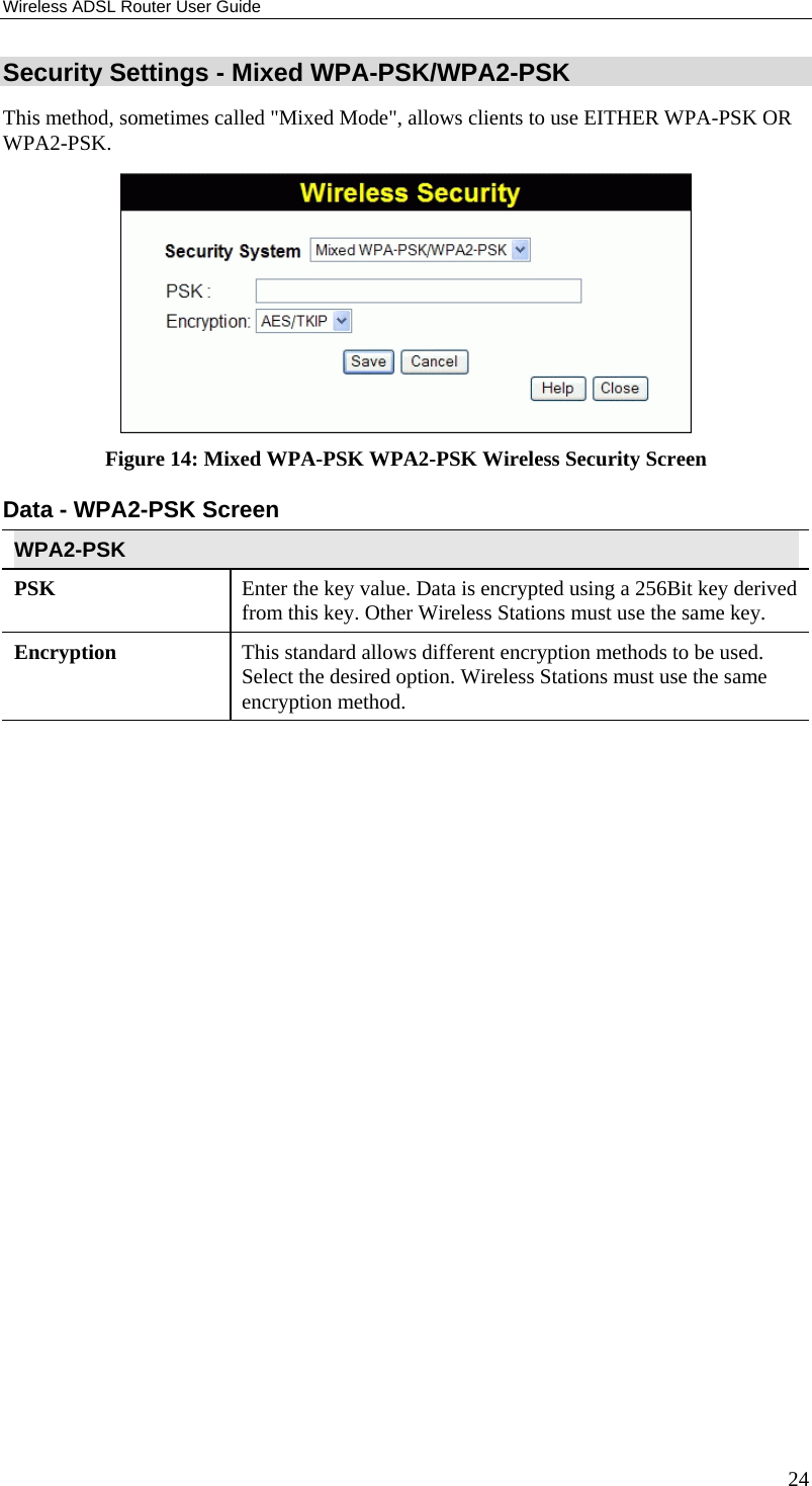 Wireless ADSL Router User Guide 24 Security Settings - Mixed WPA-PSK/WPA2-PSK This method, sometimes called &quot;Mixed Mode&quot;, allows clients to use EITHER WPA-PSK OR WPA2-PSK.  Figure 14: Mixed WPA-PSK WPA2-PSK Wireless Security Screen Data - WPA2-PSK Screen  WPA2-PSK PSK  Enter the key value. Data is encrypted using a 256Bit key derived from this key. Other Wireless Stations must use the same key. Encryption  This standard allows different encryption methods to be used. Select the desired option. Wireless Stations must use the same encryption method.   