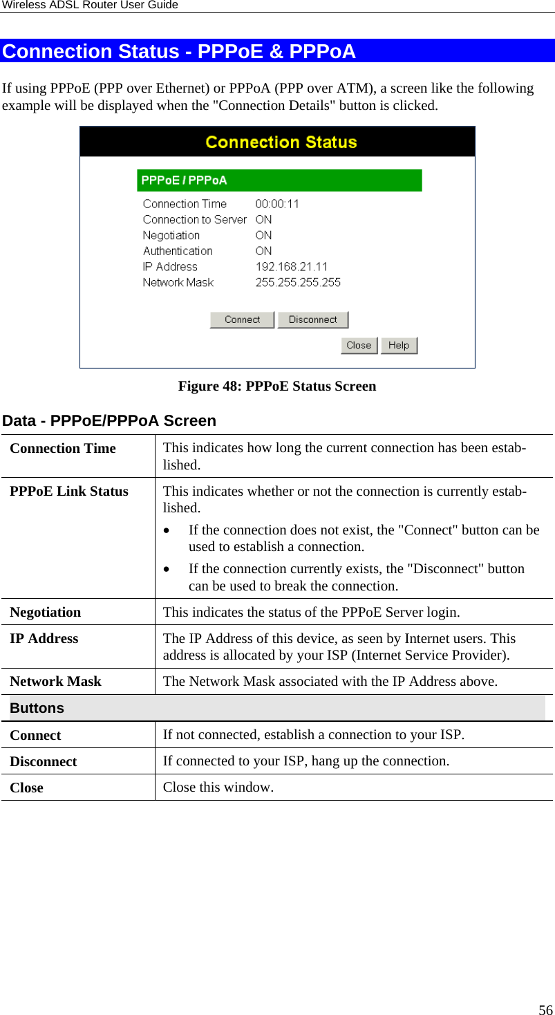 Wireless ADSL Router User Guide 56 Connection Status - PPPoE &amp; PPPoA If using PPPoE (PPP over Ethernet) or PPPoA (PPP over ATM), a screen like the following example will be displayed when the &quot;Connection Details&quot; button is clicked.  Figure 48: PPPoE Status Screen Data - PPPoE/PPPoA Screen Connection Time  This indicates how long the current connection has been estab-lished. PPPoE Link Status  This indicates whether or not the connection is currently estab-lished. •  If the connection does not exist, the &quot;Connect&quot; button can be used to establish a connection. •  If the connection currently exists, the &quot;Disconnect&quot; button can be used to break the connection. Negotiation  This indicates the status of the PPPoE Server login. IP Address  The IP Address of this device, as seen by Internet users. This address is allocated by your ISP (Internet Service Provider). Network Mask  The Network Mask associated with the IP Address above. Buttons Connect  If not connected, establish a connection to your ISP. Disconnect  If connected to your ISP, hang up the connection. Close  Close this window.  