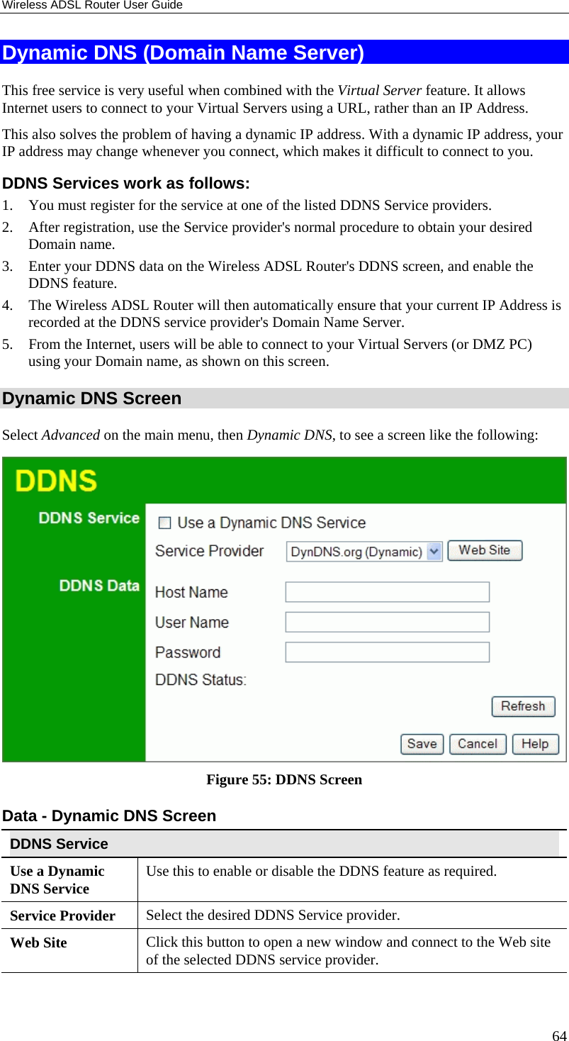 Wireless ADSL Router User Guide 64 Dynamic DNS (Domain Name Server) This free service is very useful when combined with the Virtual Server feature. It allows Internet users to connect to your Virtual Servers using a URL, rather than an IP Address. This also solves the problem of having a dynamic IP address. With a dynamic IP address, your IP address may change whenever you connect, which makes it difficult to connect to you. DDNS Services work as follows: 1.  You must register for the service at one of the listed DDNS Service providers. 2.  After registration, use the Service provider&apos;s normal procedure to obtain your desired Domain name. 3.  Enter your DDNS data on the Wireless ADSL Router&apos;s DDNS screen, and enable the DDNS feature. 4.  The Wireless ADSL Router will then automatically ensure that your current IP Address is recorded at the DDNS service provider&apos;s Domain Name Server. 5.  From the Internet, users will be able to connect to your Virtual Servers (or DMZ PC) using your Domain name, as shown on this screen. Dynamic DNS Screen Select Advanced on the main menu, then Dynamic DNS, to see a screen like the following:  Figure 55: DDNS Screen Data - Dynamic DNS Screen DDNS Service Use a Dynamic DNS Service  Use this to enable or disable the DDNS feature as required. Service Provider  Select the desired DDNS Service provider. Web Site  Click this button to open a new window and connect to the Web site of the selected DDNS service provider. 