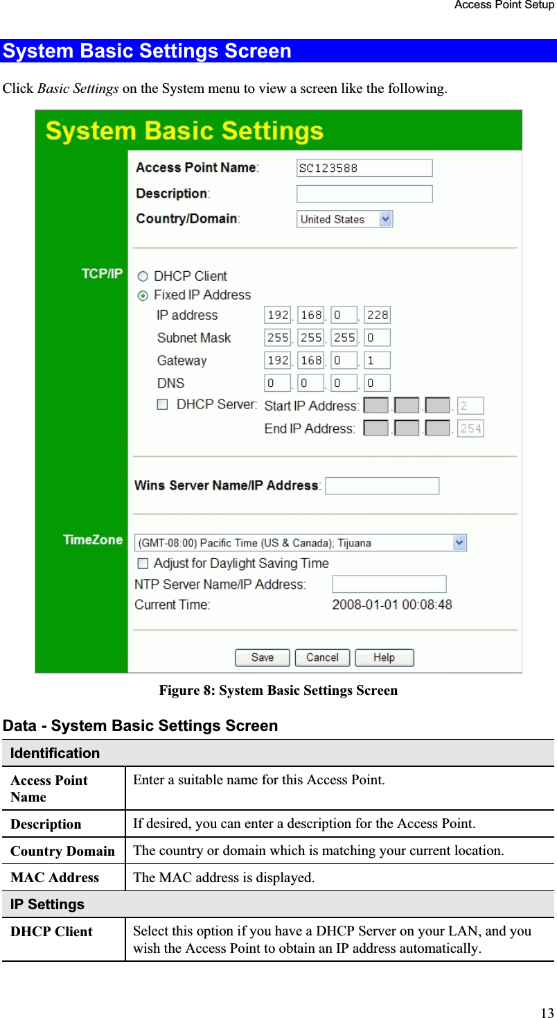 Access Point Setup System Basic Settings Screen Click Basic Settings on the System menu to view a screen like the following. Figure 8: System Basic Settings Screen Data - System Basic Settings Screen IdentificationAccess Point NameEnter a suitable name for this Access Point.Description If desired, you can enter a description for the Access Point.Country Domain  The country or domain which is matching your current location.MAC Address  The MAC address is displayed.IP Settings DHCP Client  Select this option if you have a DHCP Server on your LAN, and youwish the Access Point to obtain an IP address automatically.13