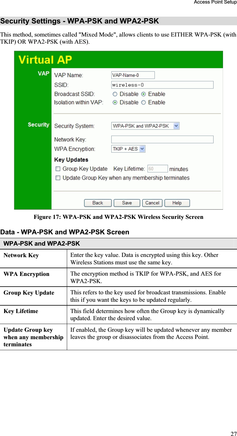 Access Point Setup Security Settings - WPA-PSK and WPA2-PSK This method, sometimes called &quot;Mixed Mode&quot;, allows clients to use EITHER WPA-PSK (withTKIP) OR WPA2-PSK (with AES). Figure 17: WPA-PSK and WPA2-PSK Wireless Security Screen Data - WPA-PSK and WPA2-PSK ScreenWPA-PSK and WPA2-PSK Network Key  Enter the key value. Data is encrypted using this key. OtherWireless Stations must use the same key. WPA Encryption  The encryption method is TKIP for WPA-PSK, and AES for WPA2-PSK.Group Key Update  This refers to the key used for broadcast transmissions. Enablethis if you want the keys to be updated regularly.Key Lifetime  This field determines how often the Group key is dynamicallyupdated. Enter the desired value.Update Group key when any membership terminatesIf enabled, the Group key will be updated whenever any memberleaves the group or disassociates from the Access Point. 27
